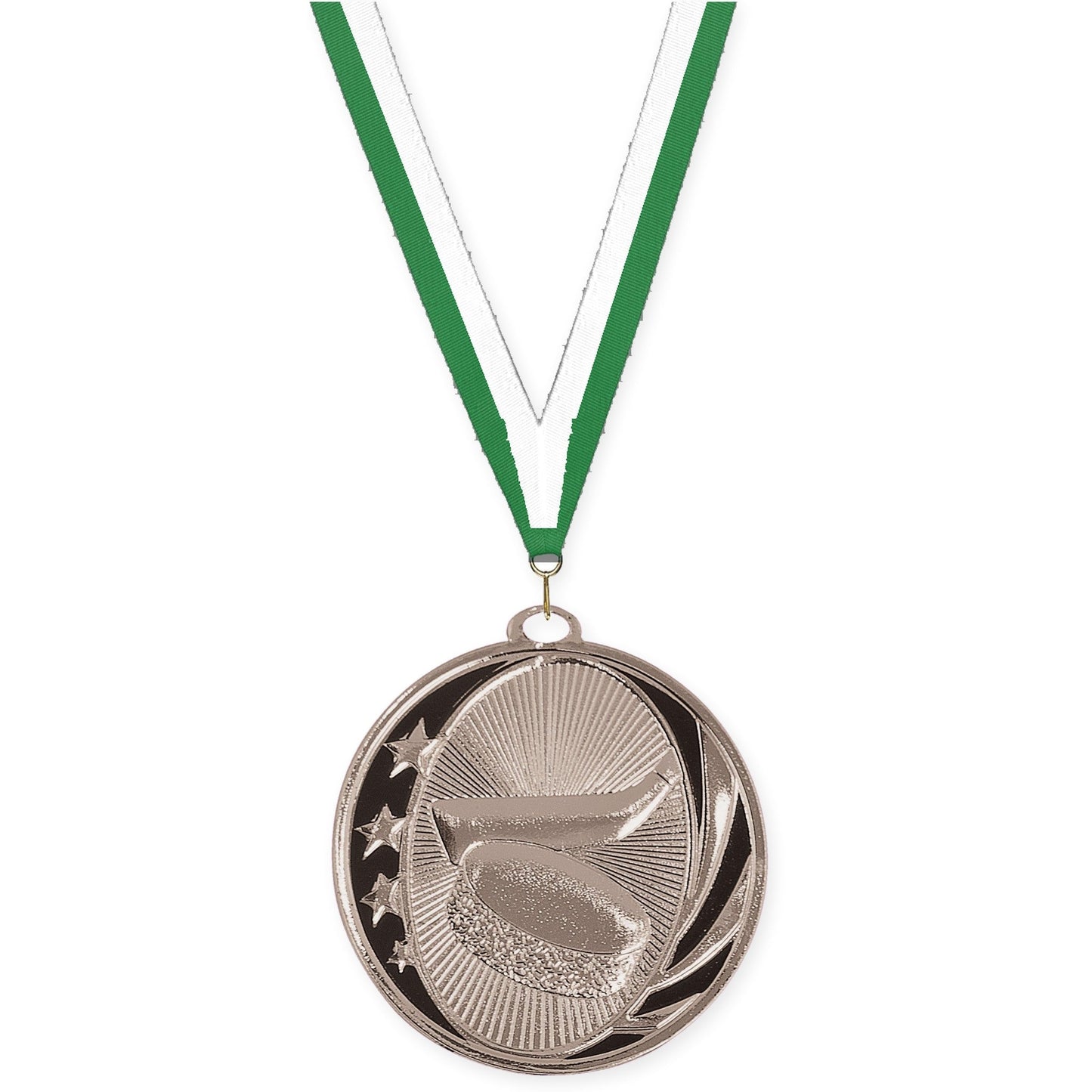 2 inch hockey MidNite Star medal in bright silver with Green White neck ribbon