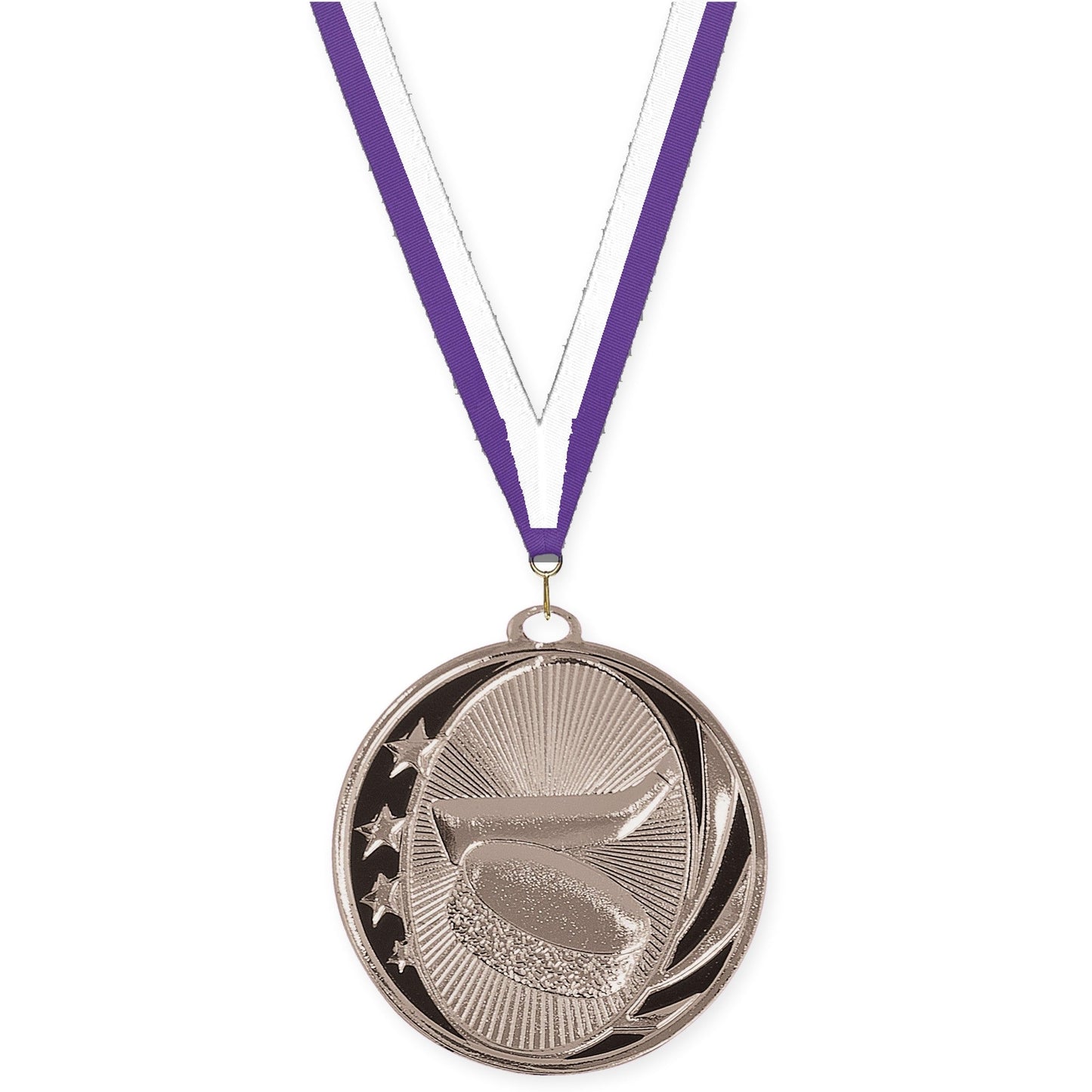 2 inch hockey MidNite Star medal in bright silver with Purple White neck ribbon