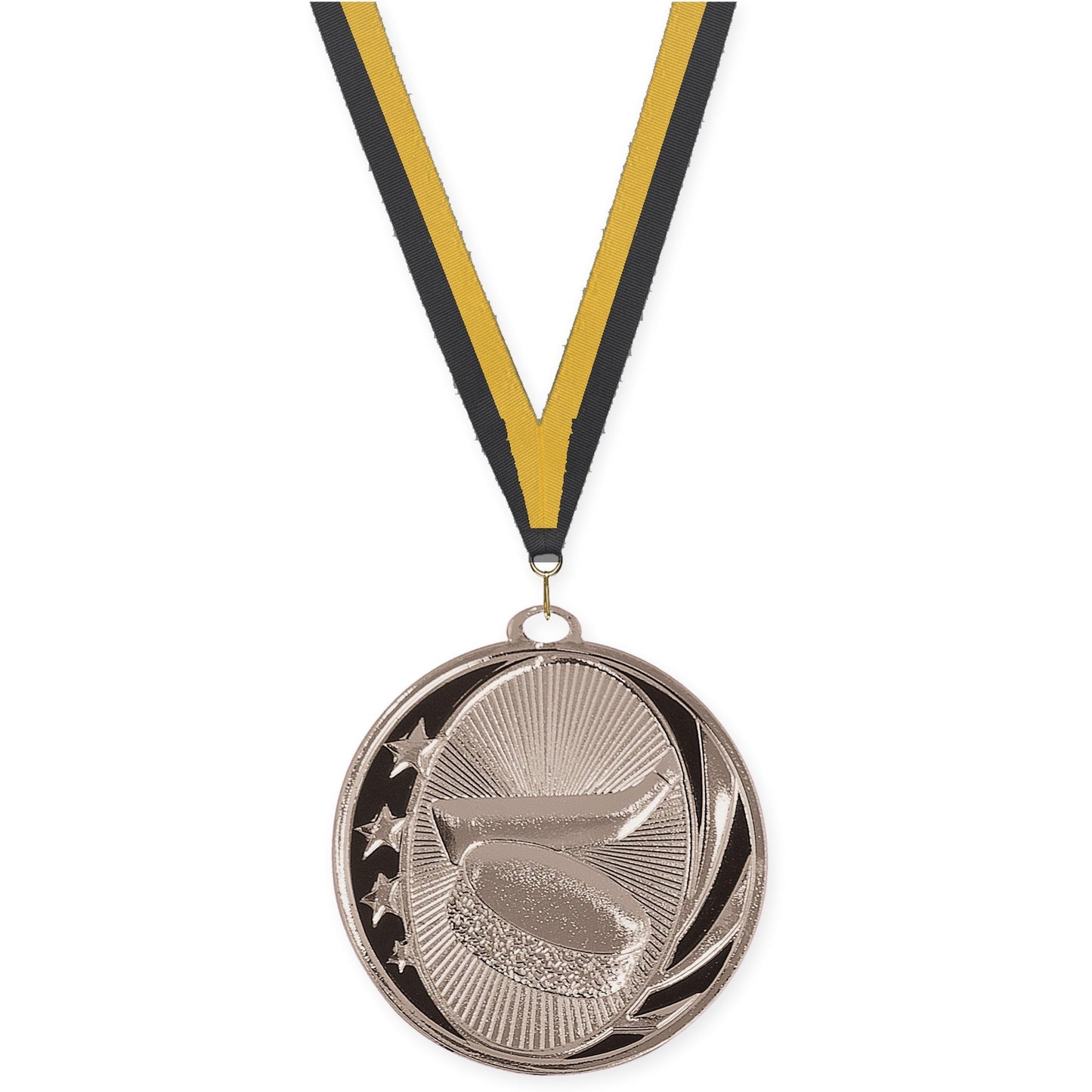 2 inch hockey MidNite Star medal in bright silver with Black Gold neck ribbon