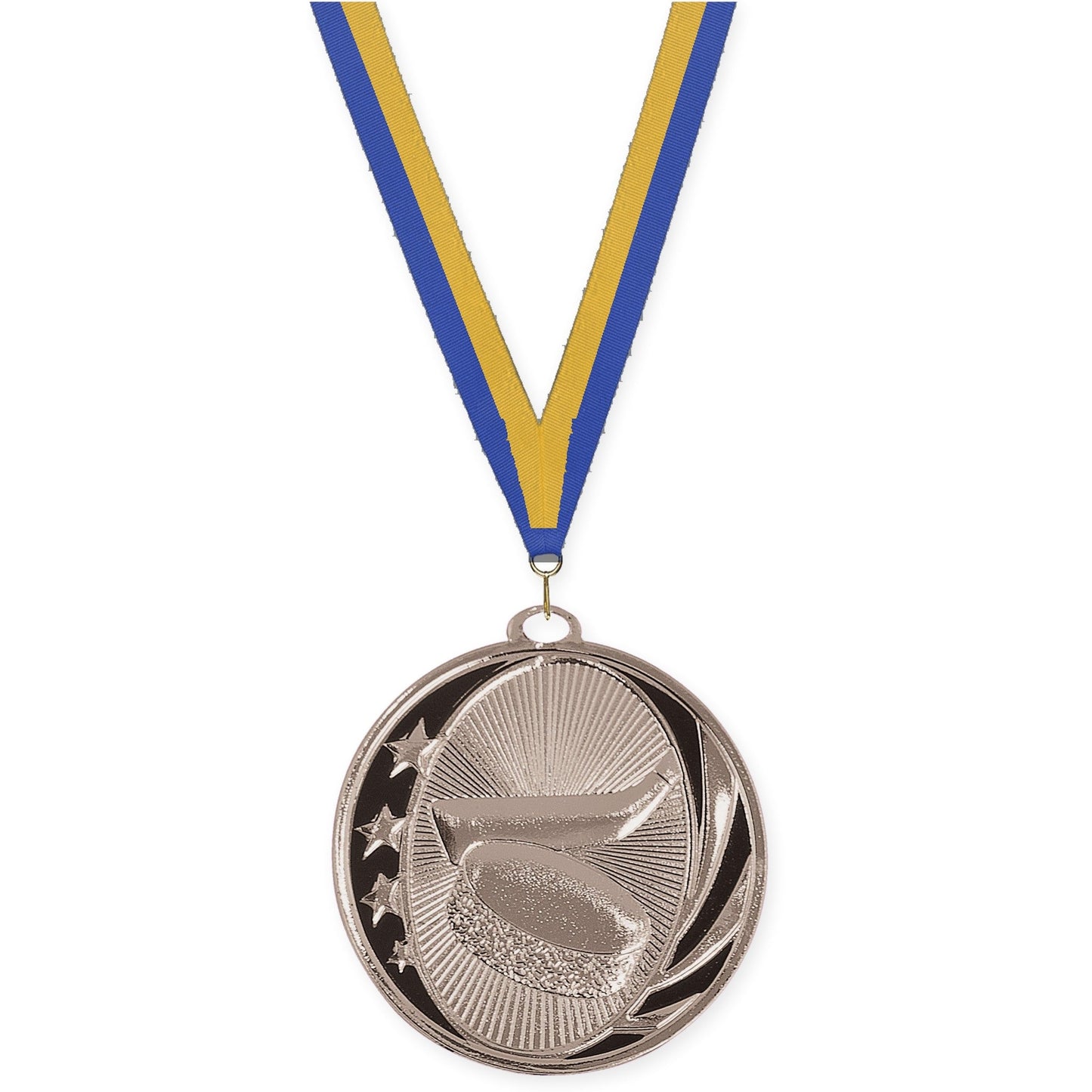 2 inch hockey MidNite Star medal in bright silver with Blue Gold neck ribbon