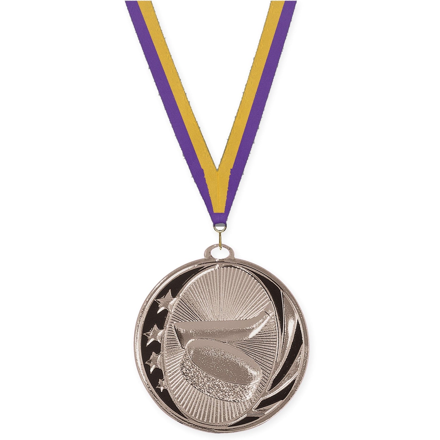 2 inch hockey MidNite Star medal in bright silver with Purple Gold neck ribbon