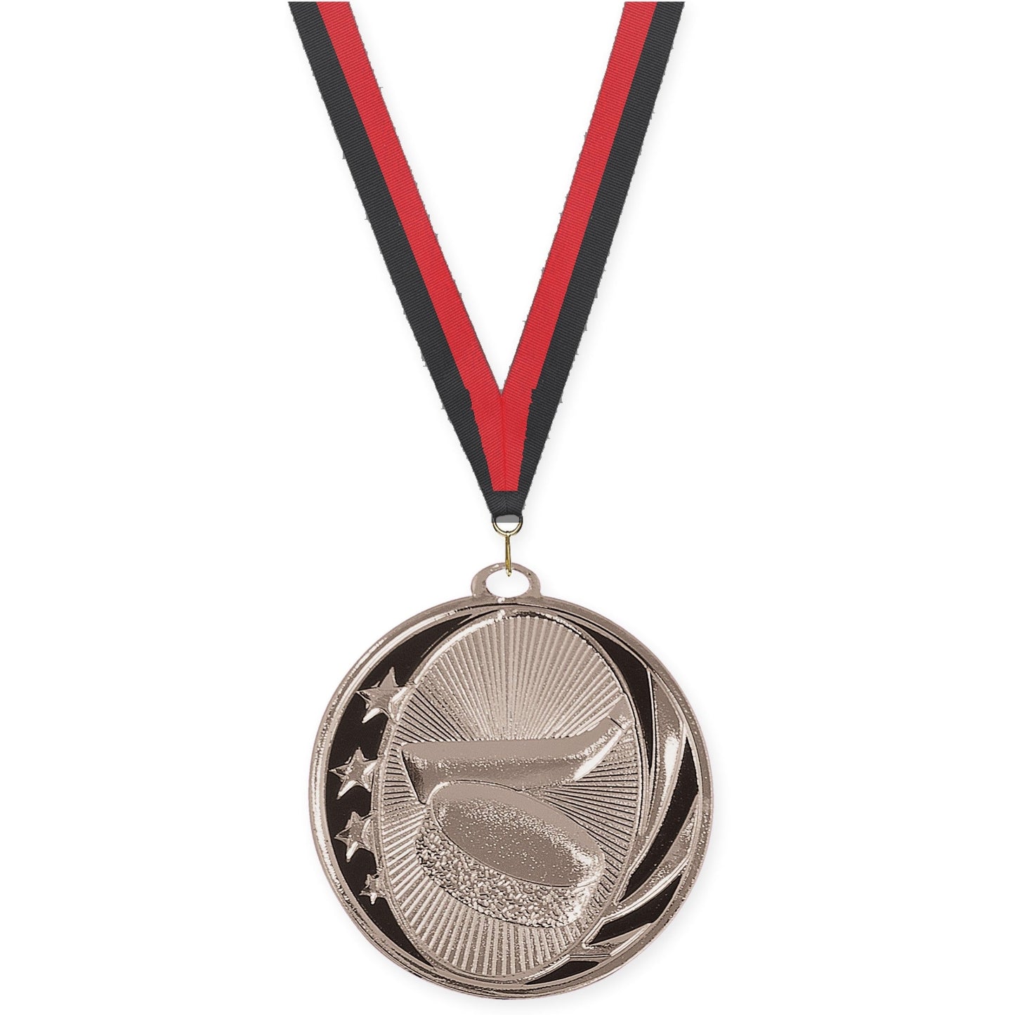 2 inch hockey MidNite Star medal in bright silver with Black Red neck ribbon