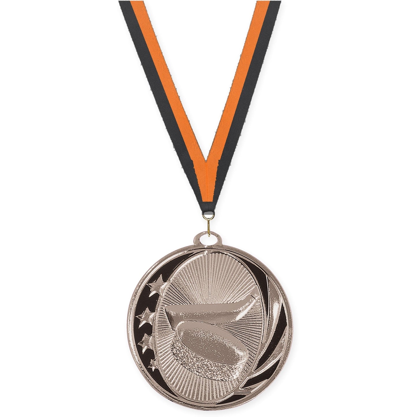 2 inch hockey MidNite Star medal in bright silver with Black Orange neck ribbon
