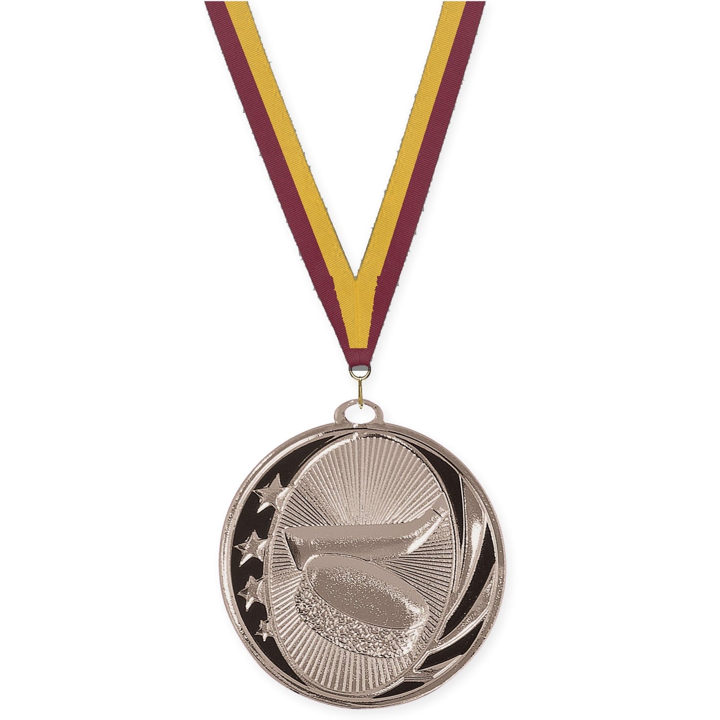 2 inch hockey MidNite Star medal in bright silver with Maroon Gold neck ribbon