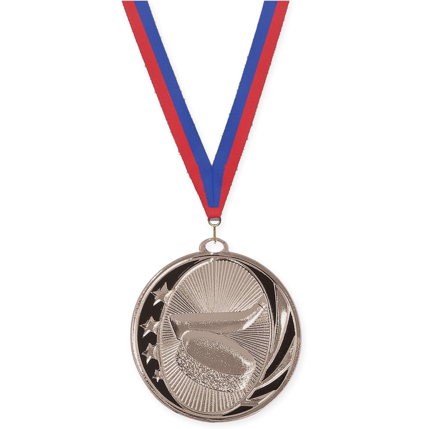 2 inch hockey MidNite Star medal in bright silver with Blue Red neck ribbon