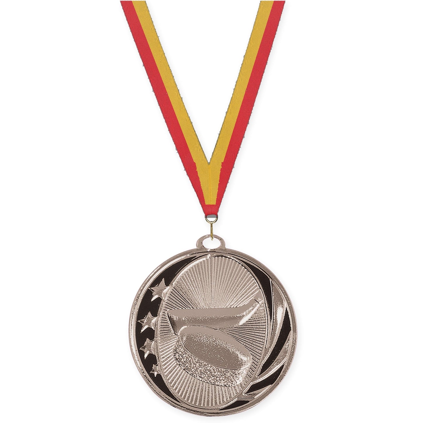2 inch hockey MidNite Star medal in bright silver with Red Gold neck ribbon