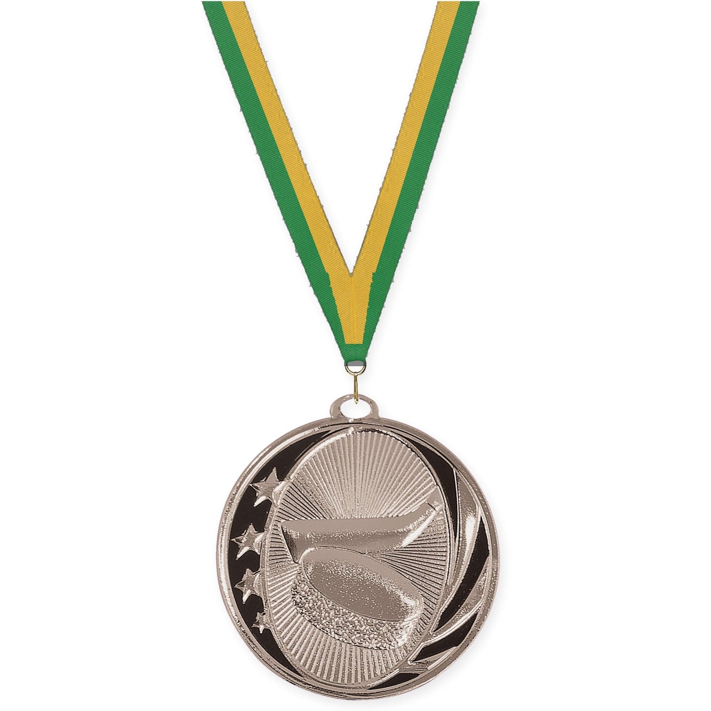 2 inch hockey MidNite Star medal in bright silver with Green Gold neck ribbon
