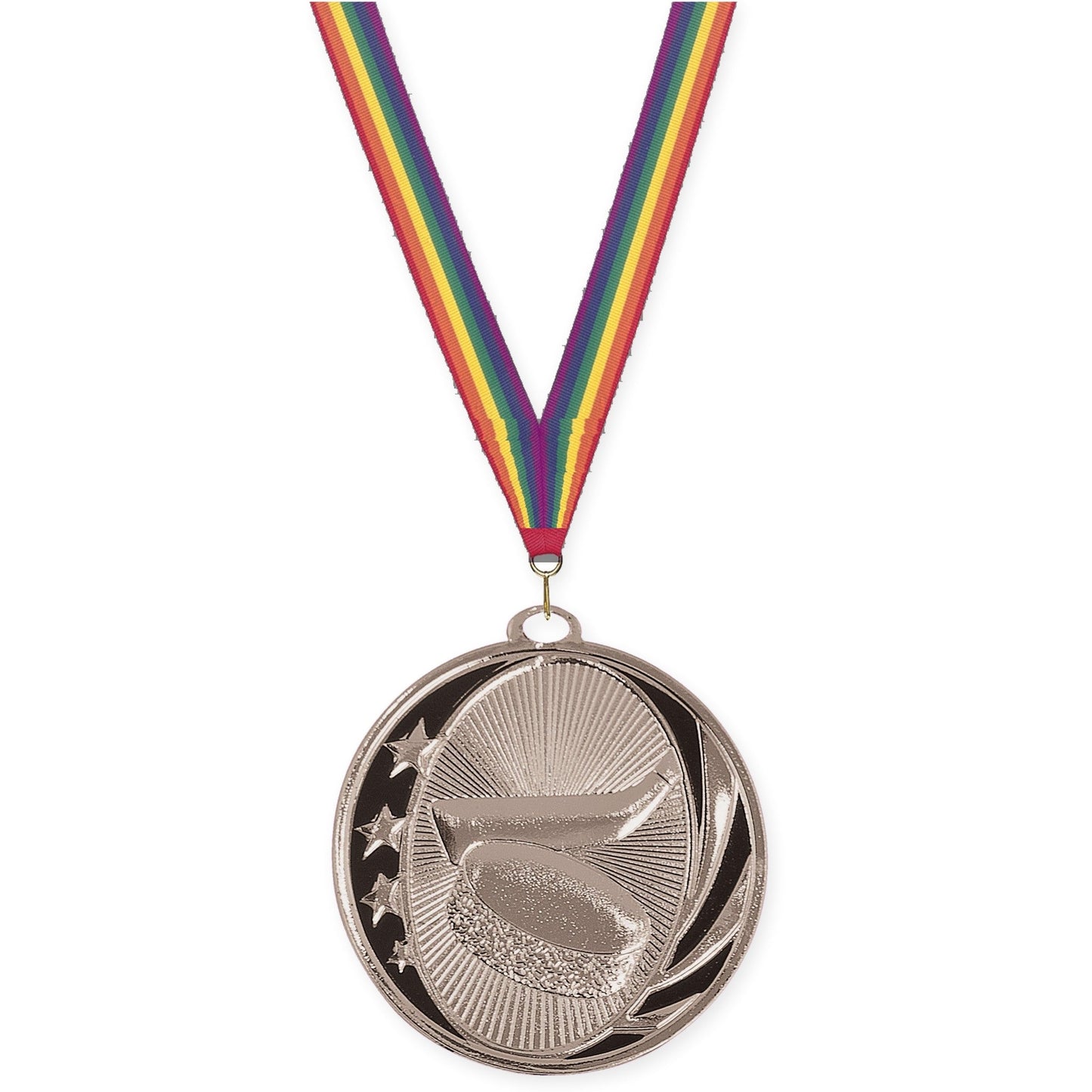 2 inch hockey MidNite Star medal in bright silver with Rainbow neck ribbon