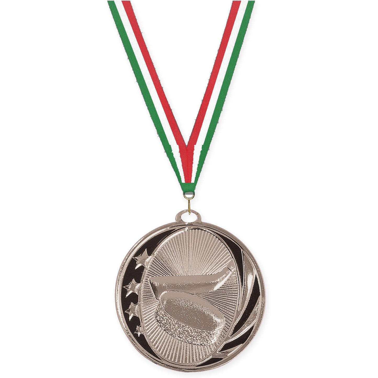 2 inch hockey MidNite Star medal in bright silver with Green White Red neck ribbon