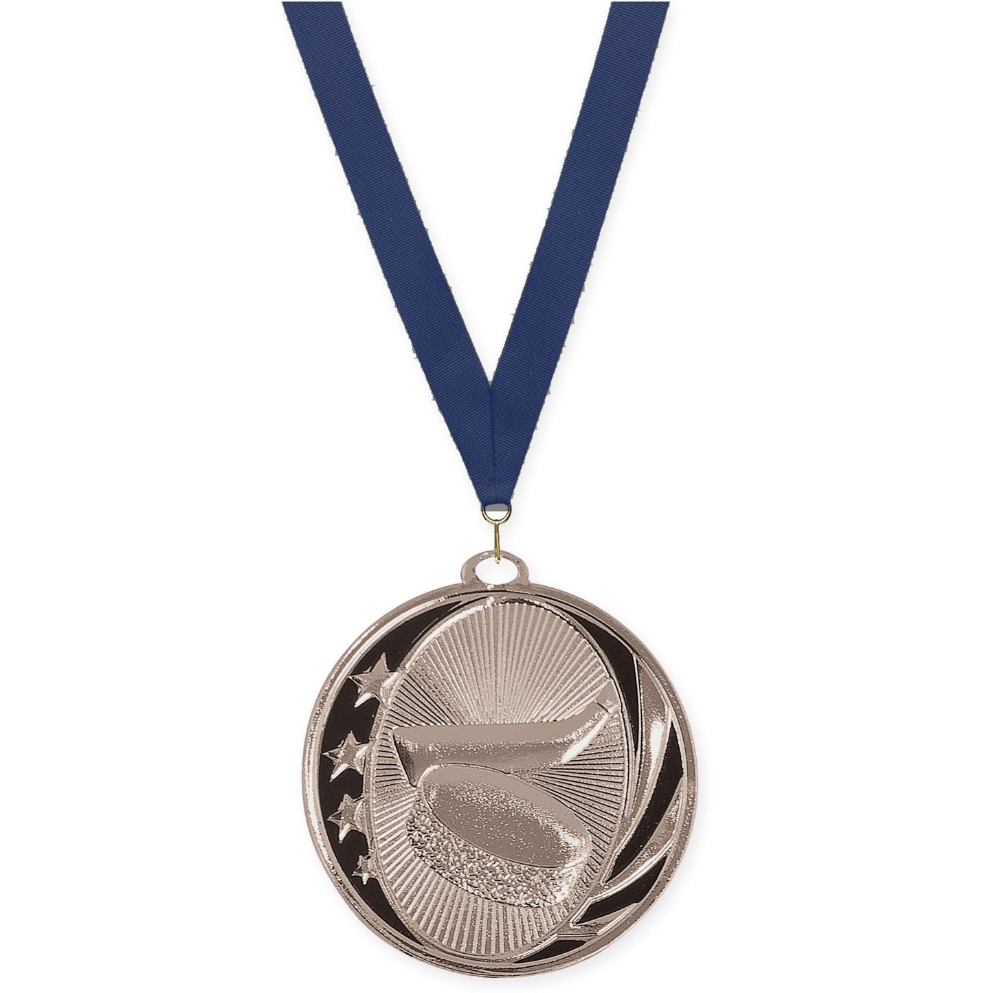 2 inch hockey MidNite Star medal in bright silver with Navy neck ribbon