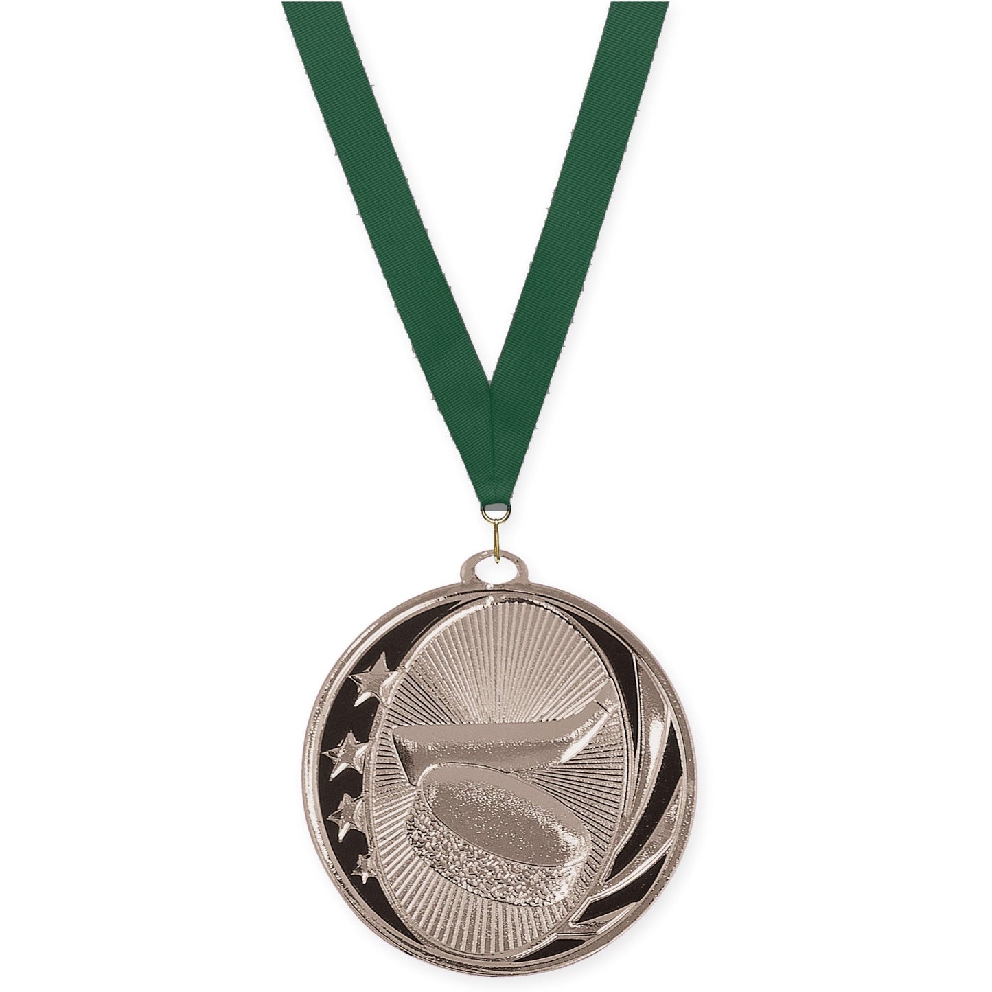 2 inch hockey MidNite Star medal in bright silver with Hunter Green neck ribbon