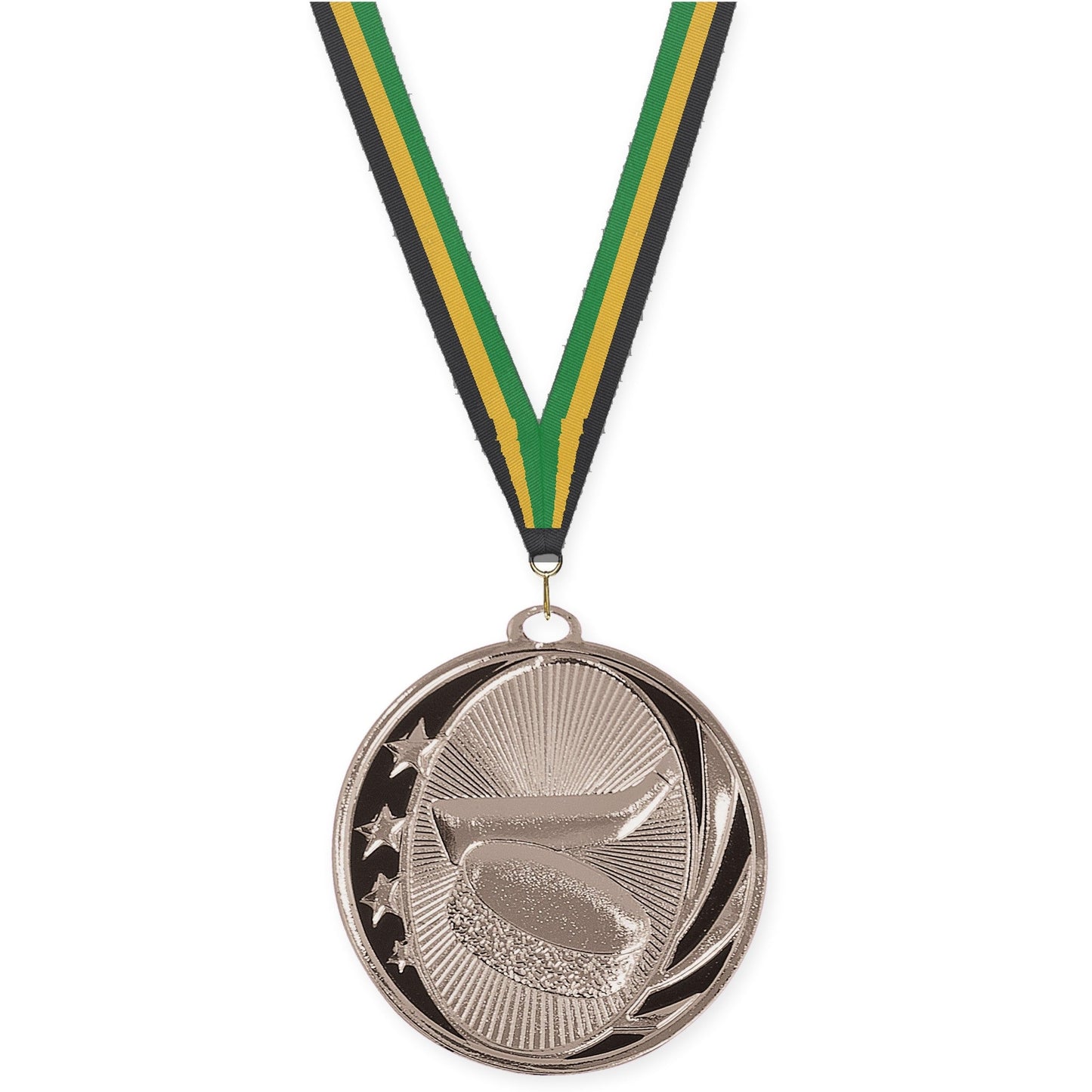 2 inch hockey MidNite Star medal in bright silver with Black Gold Green neck ribbon