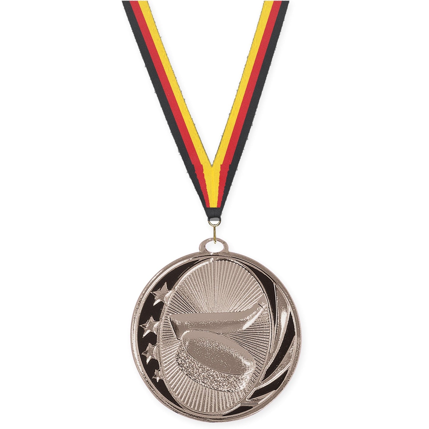2 inch hockey MidNite Star medal in bright silver with Black Red Yellow neck ribbon