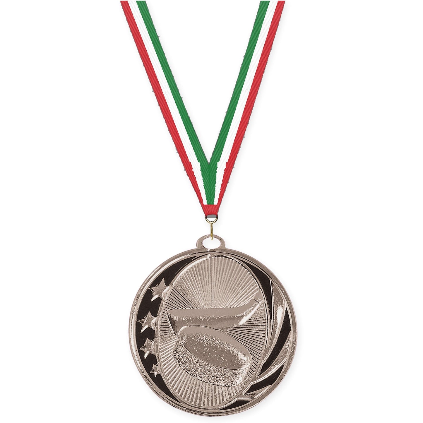 2 inch hockey MidNite Star medal in bright silver with Red White Green neck ribbon