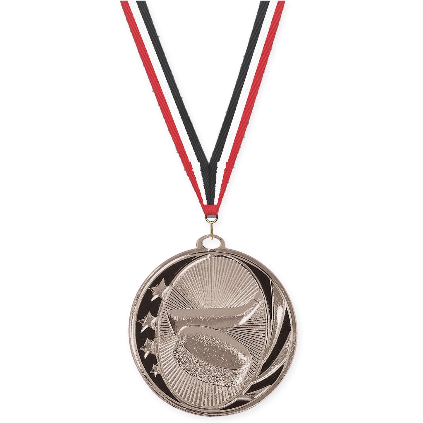 2 inch hockey MidNite Star medal in bright silver with Red White Black neck ribbon