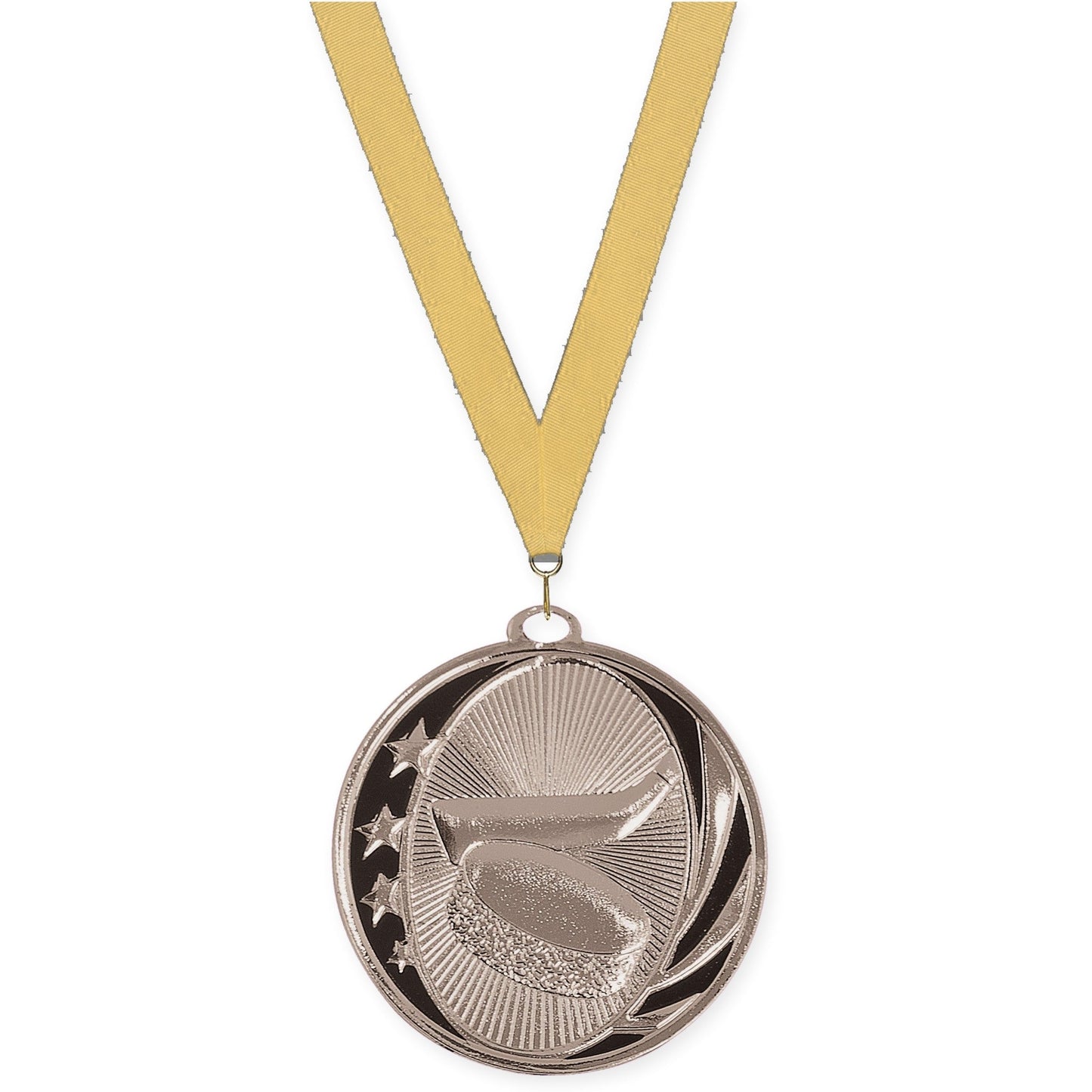 2 inch hockey MidNite Star medal in bright silver with Gold Metallic neck ribbon