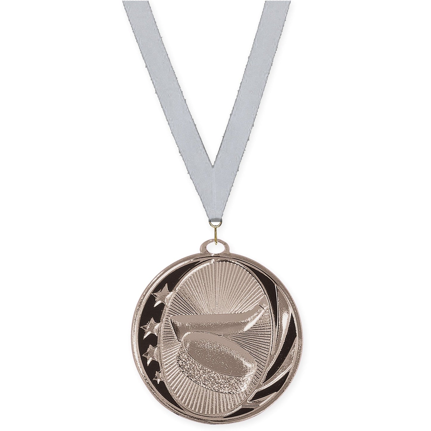 2 inch hockey MidNite Star medal in bright silver with Silver Metallic neck ribbon
