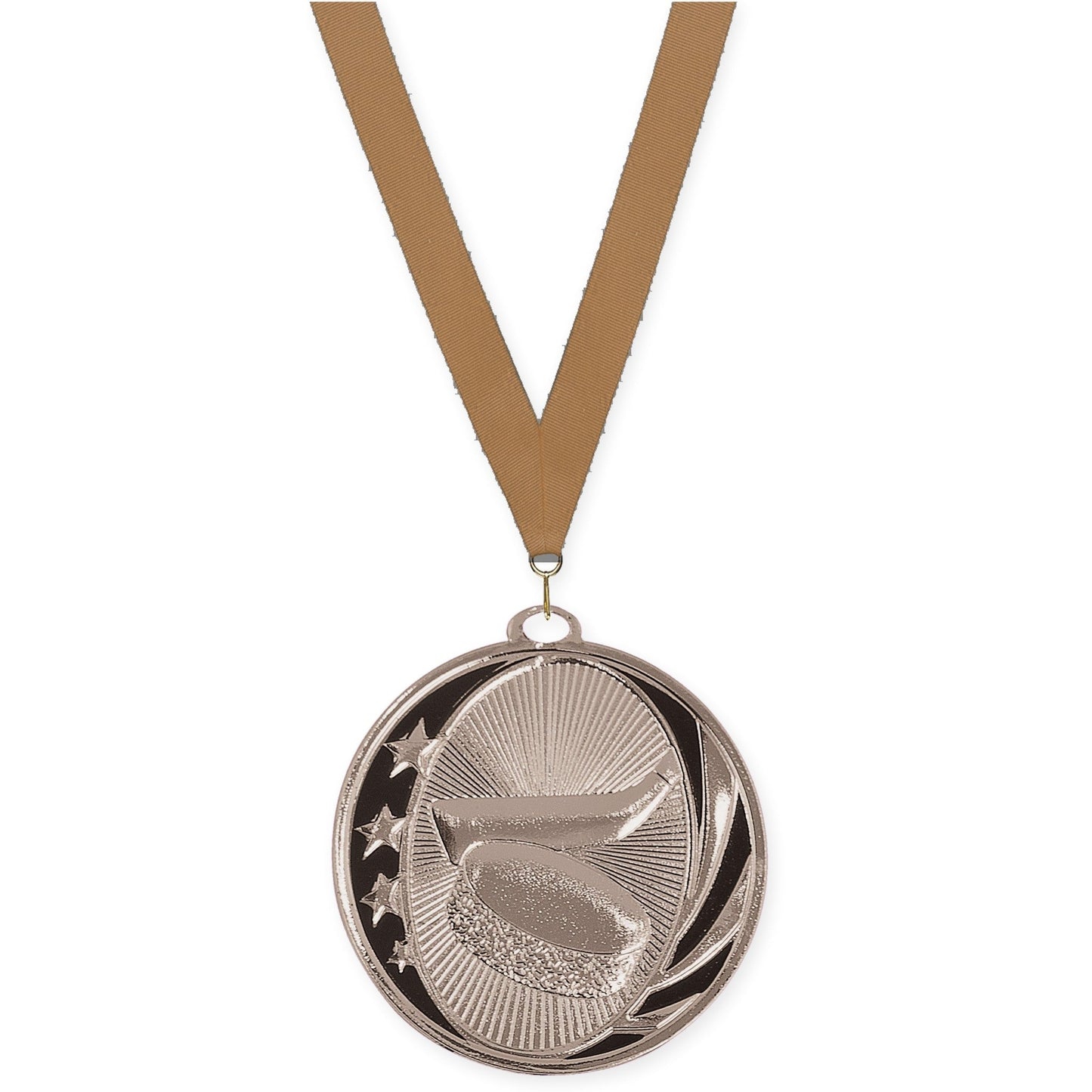 2 inch hockey MidNite Star medal in bright silver with Bronze Metallic neck ribbon