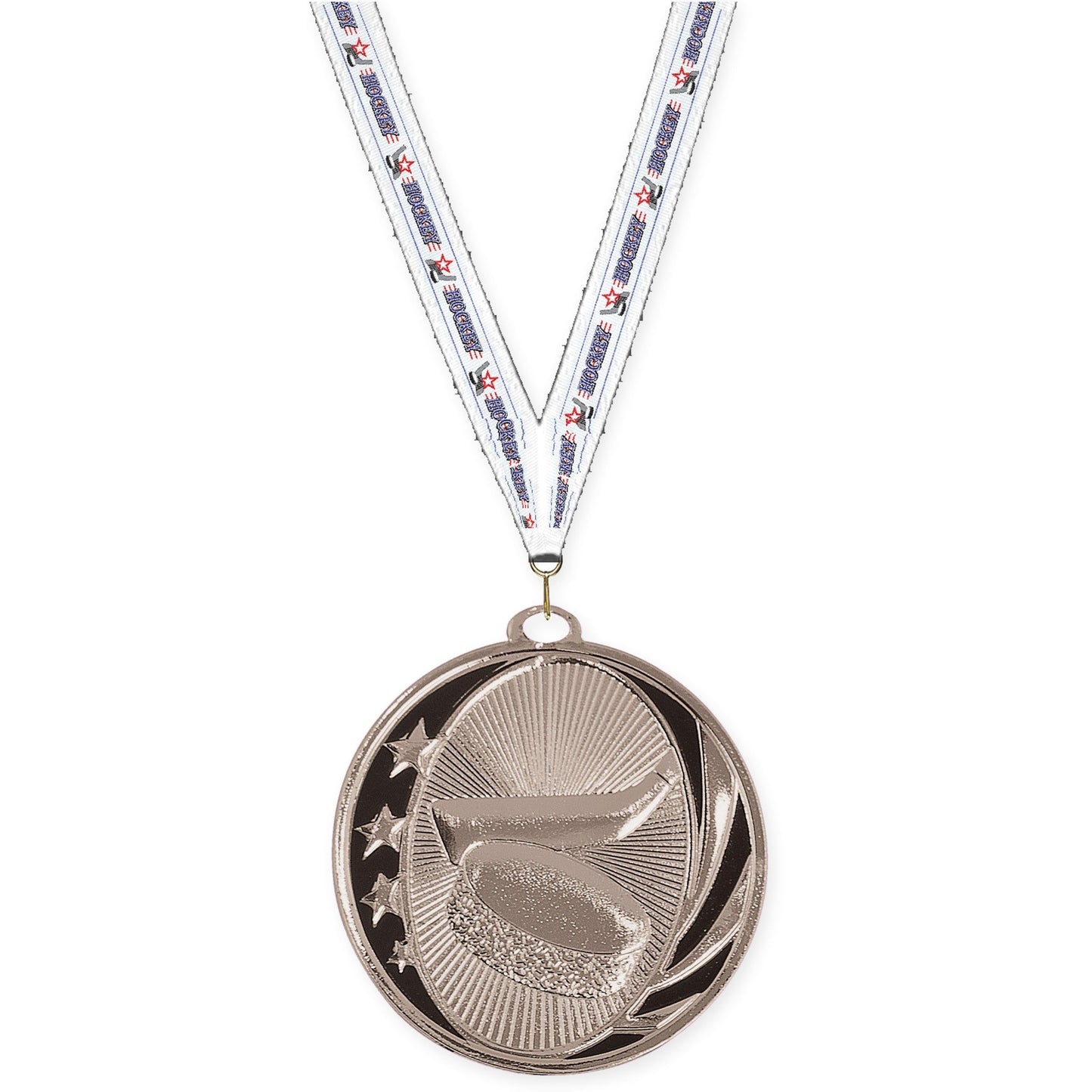 2 inch hockey MidNite Star medal in bright silver with Hockey neck ribbon