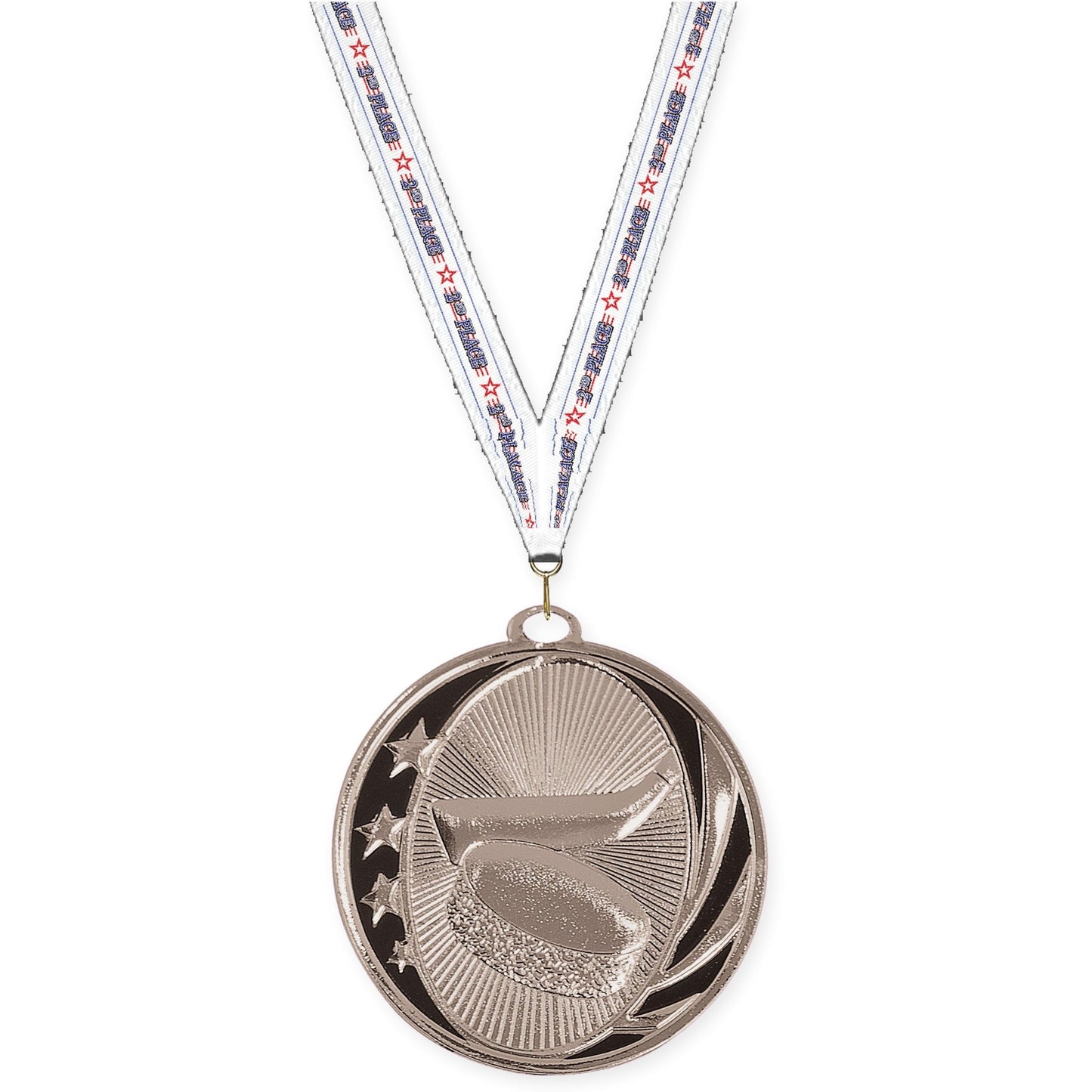 2 inch hockey MidNite Star medal in bright silver with 2nd Place neck ribbon