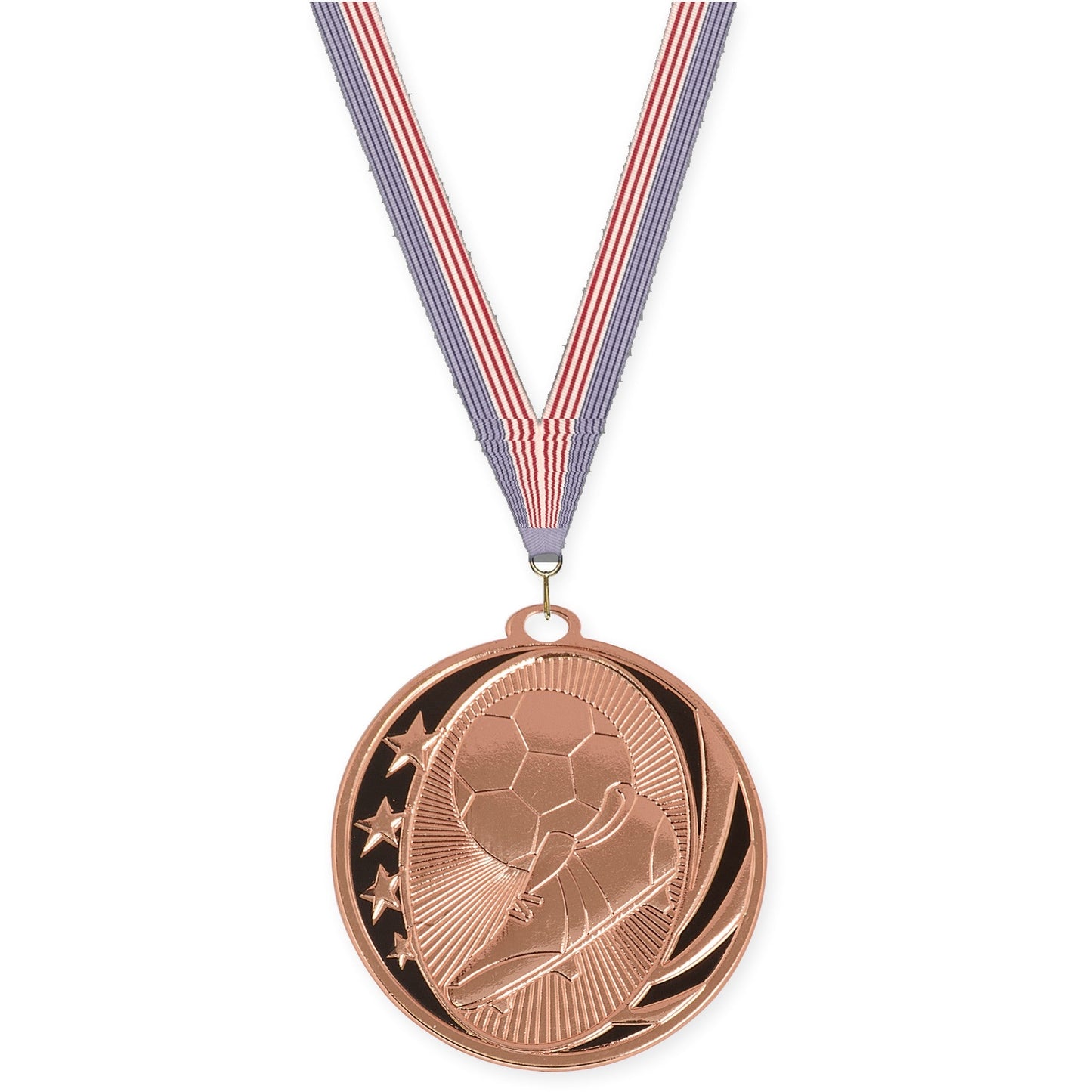 2 inch soccer MidNite Star medal in bright bronze with USA Flag neck ribbon