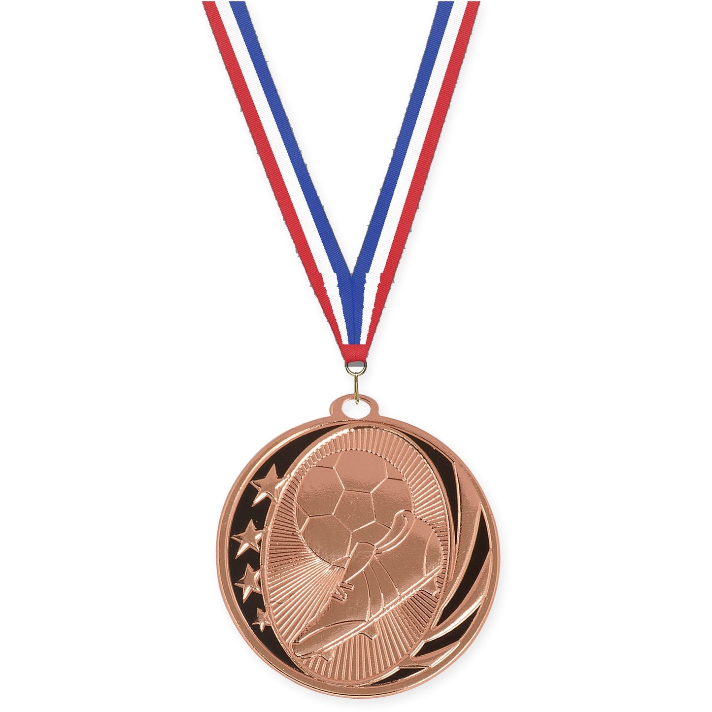 2 inch soccer MidNite Star medal in bright bronze with Red White Blue neck ribbon