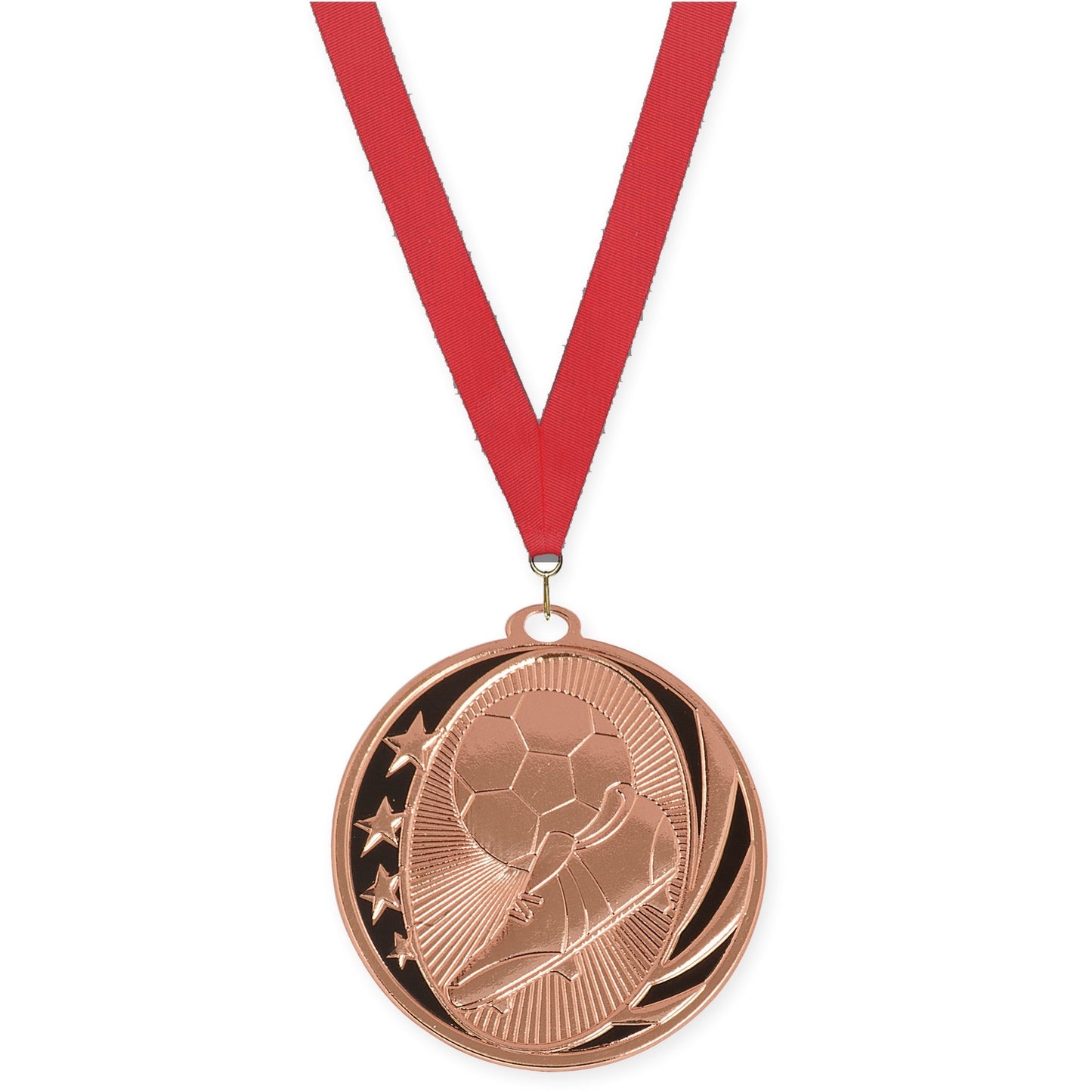 2 inch soccer MidNite Star medal in bright bronze with Red neck ribbon