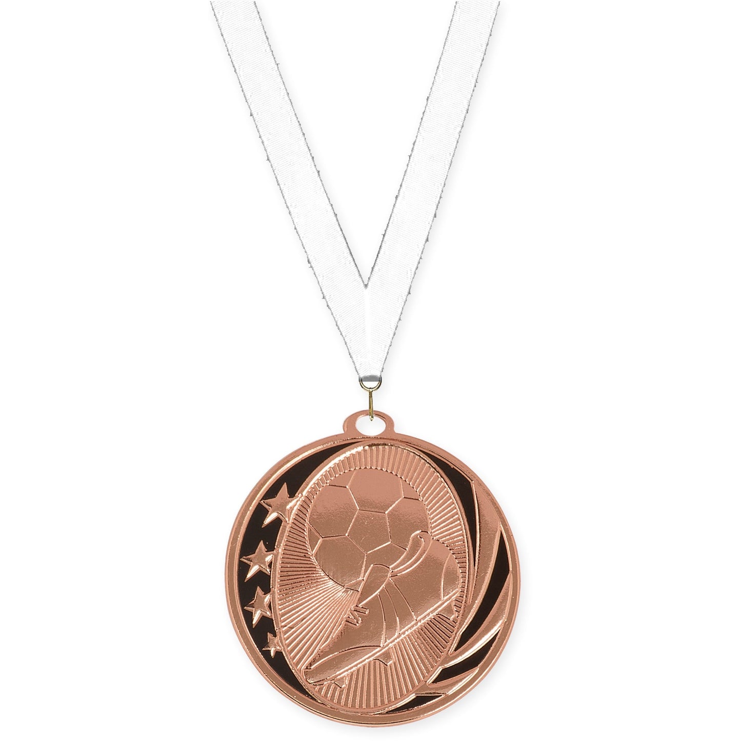 2 inch soccer MidNite Star medal in bright bronze with White neck ribbon