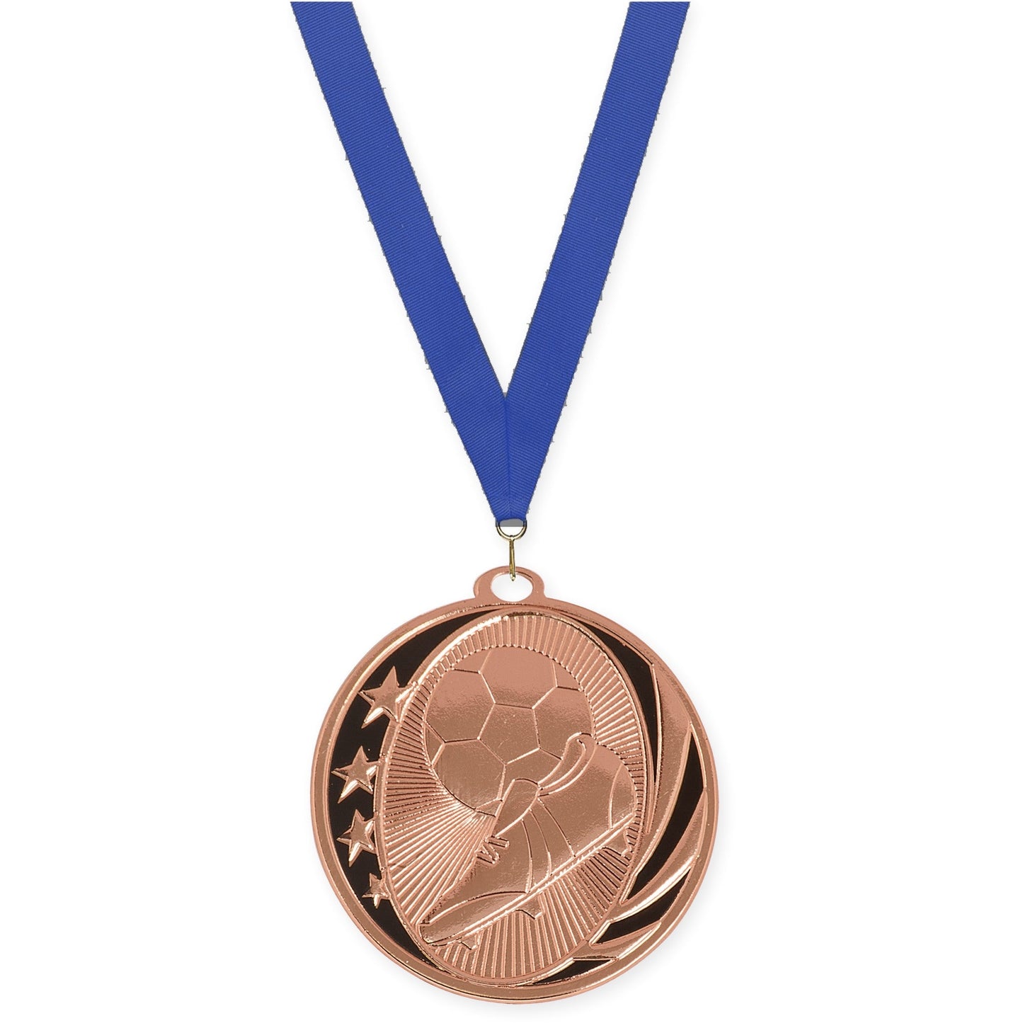 2 inch soccer MidNite Star medal in bright bronze with Blue neck ribbon