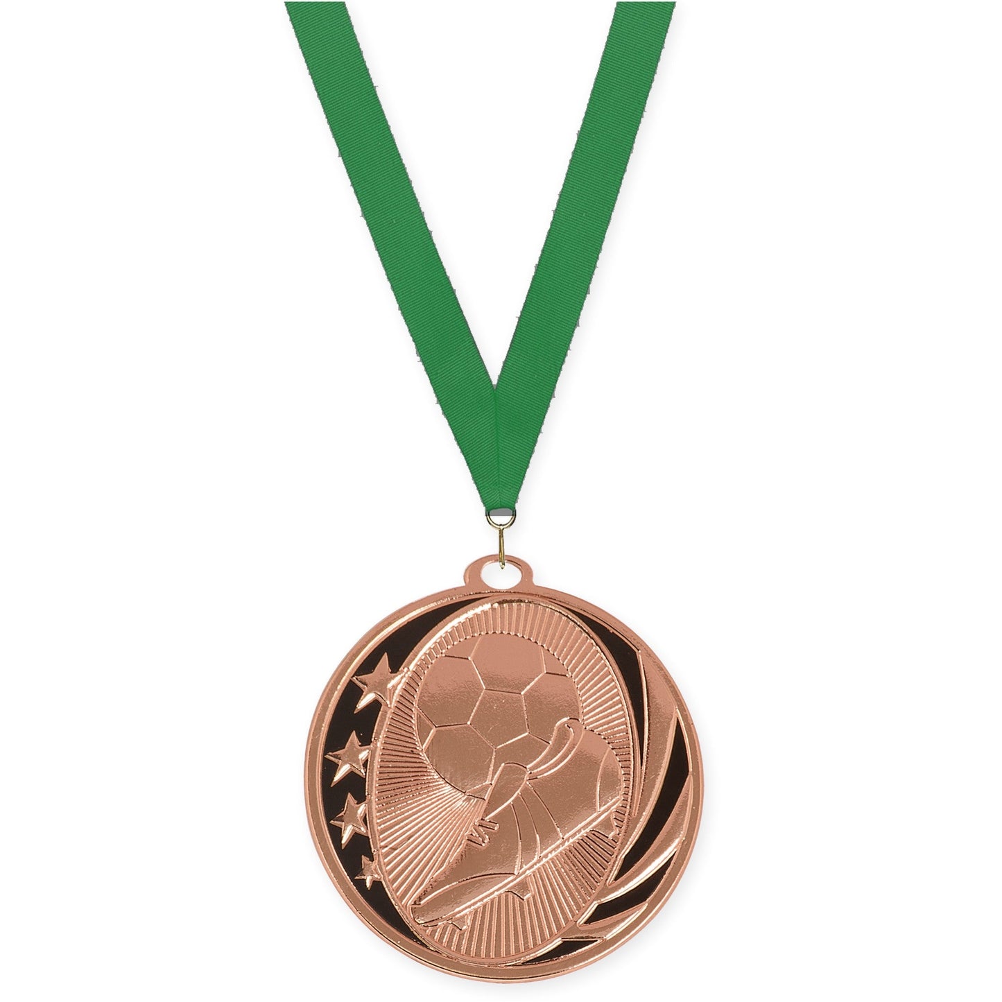 2 inch soccer MidNite Star medal in bright bronze with Green neck ribbon