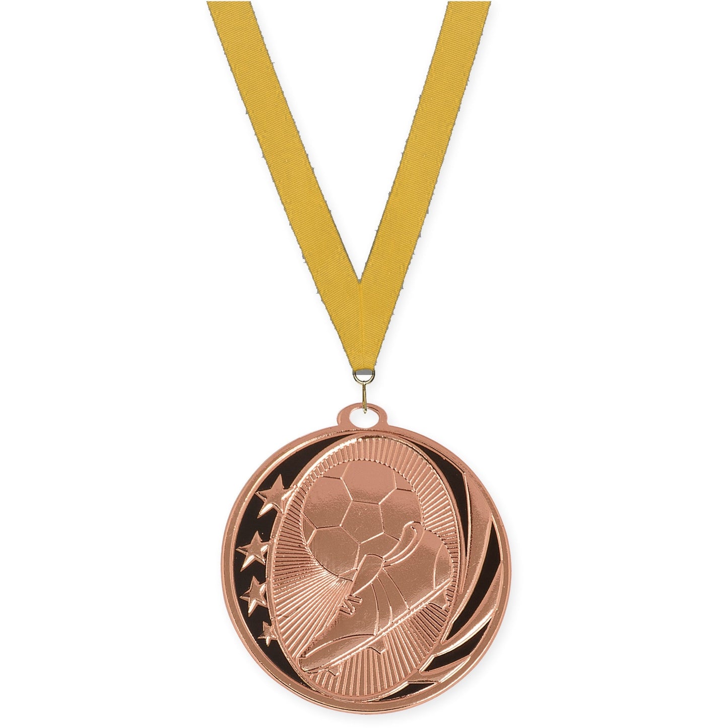 2 inch soccer MidNite Star medal in bright bronze with Gold neck ribbon