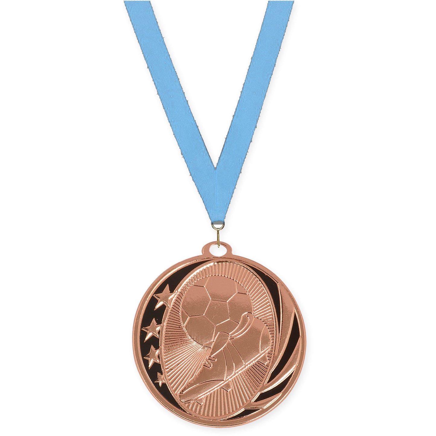 2 inch soccer MidNite Star medal in bright bronze with Light Blue neck ribbon