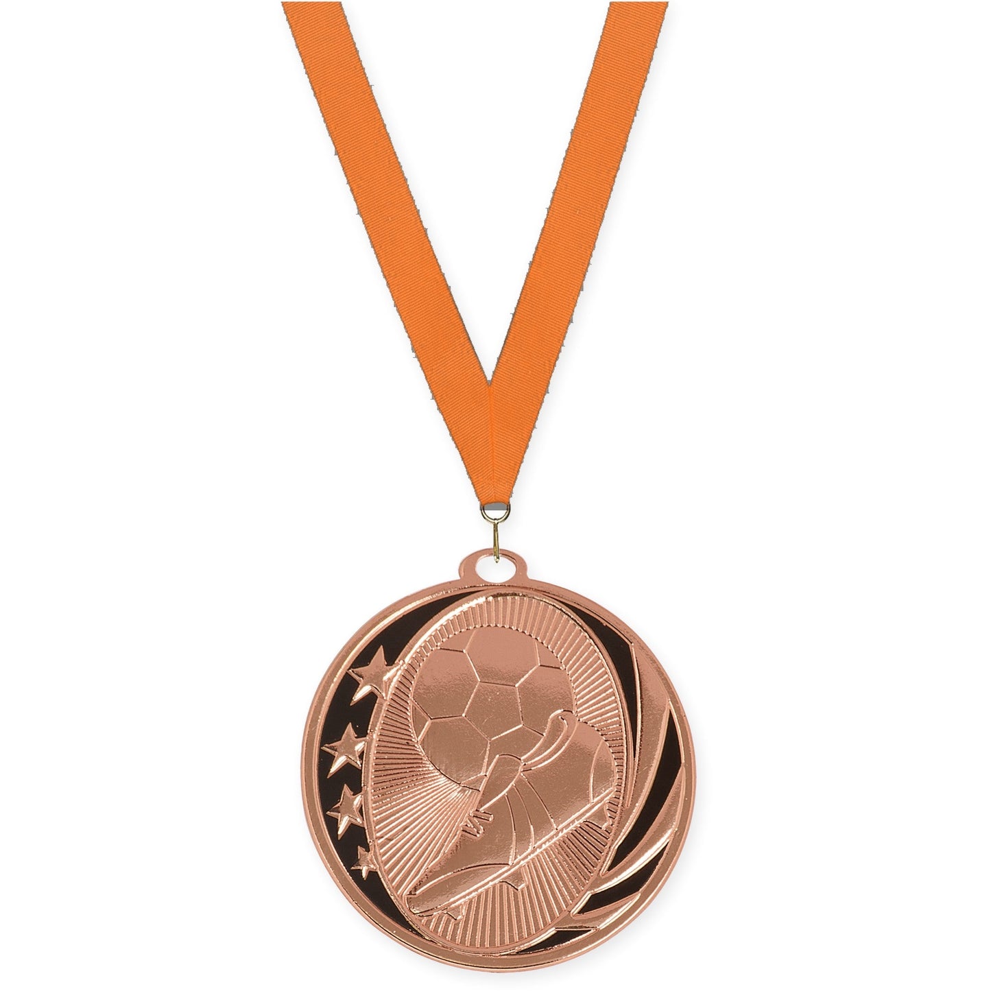 2 inch soccer MidNite Star medal in bright bronze with Orange neck ribbon