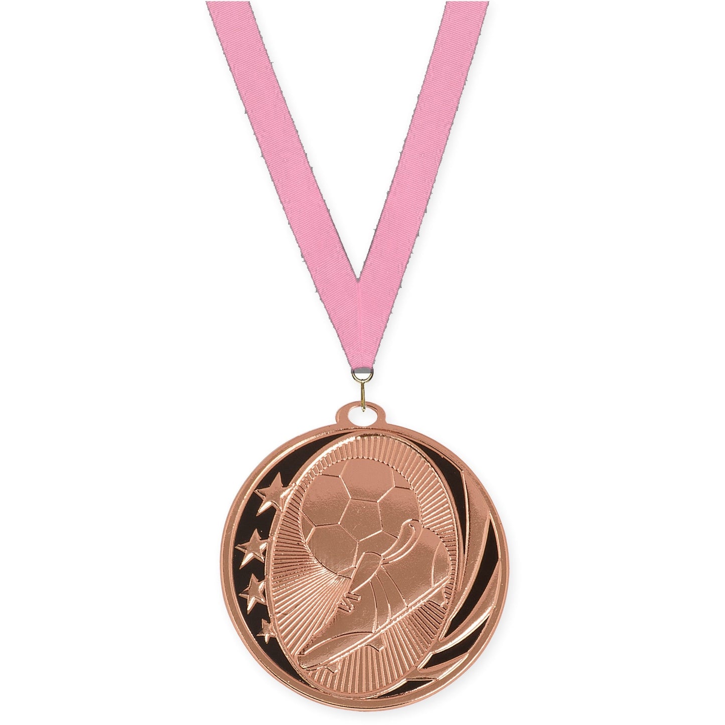 2 inch soccer MidNite Star medal in bright bronze with Pink neck ribbon