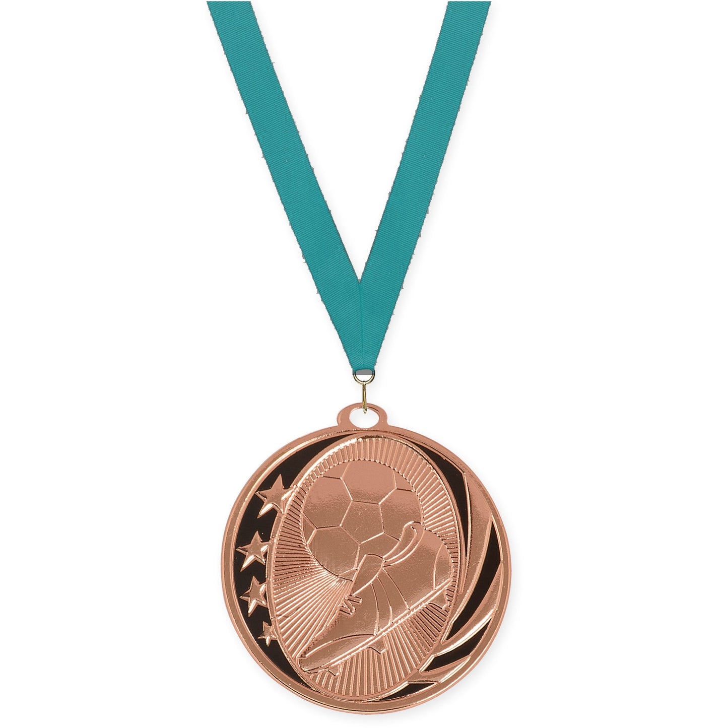 2 inch soccer MidNite Star medal in bright bronze with Teal neck ribbon