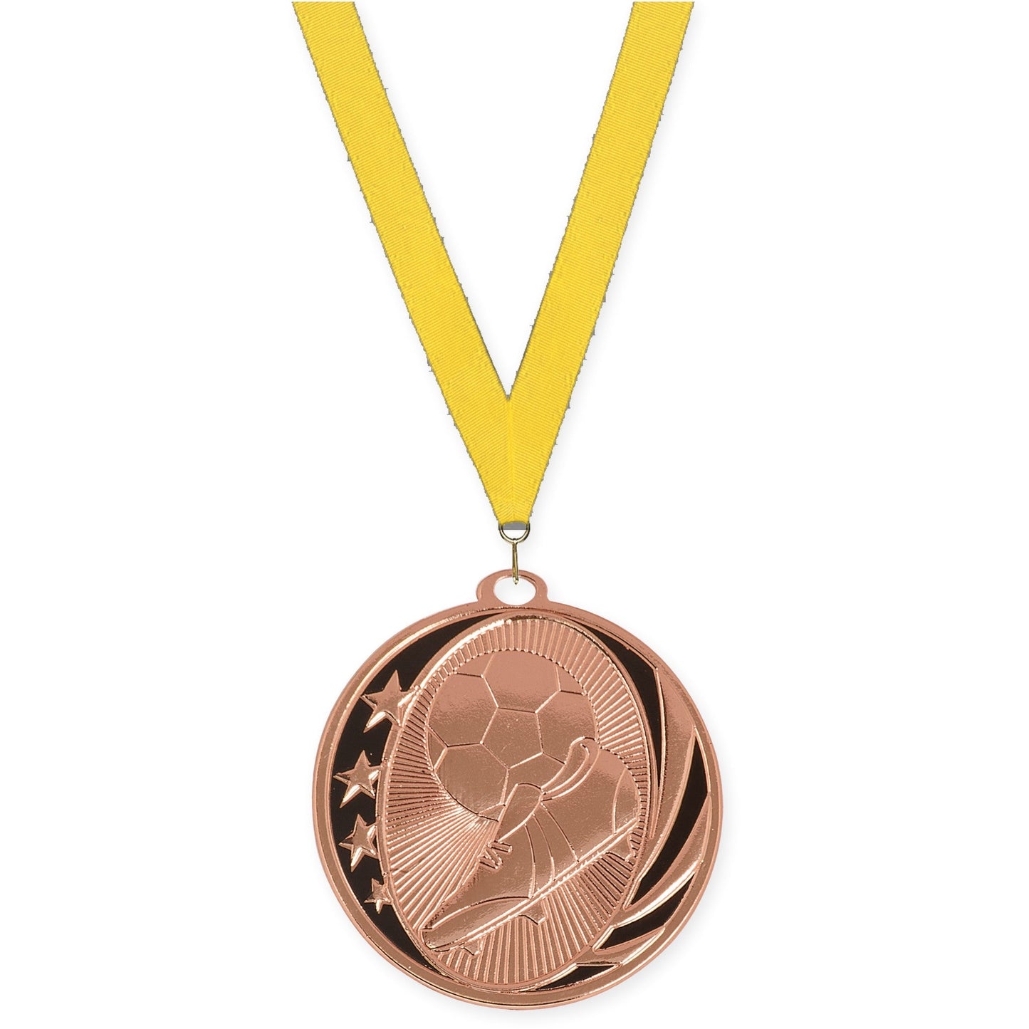 2 inch soccer MidNite Star medal in bright bronze with Yellow neck ribbon