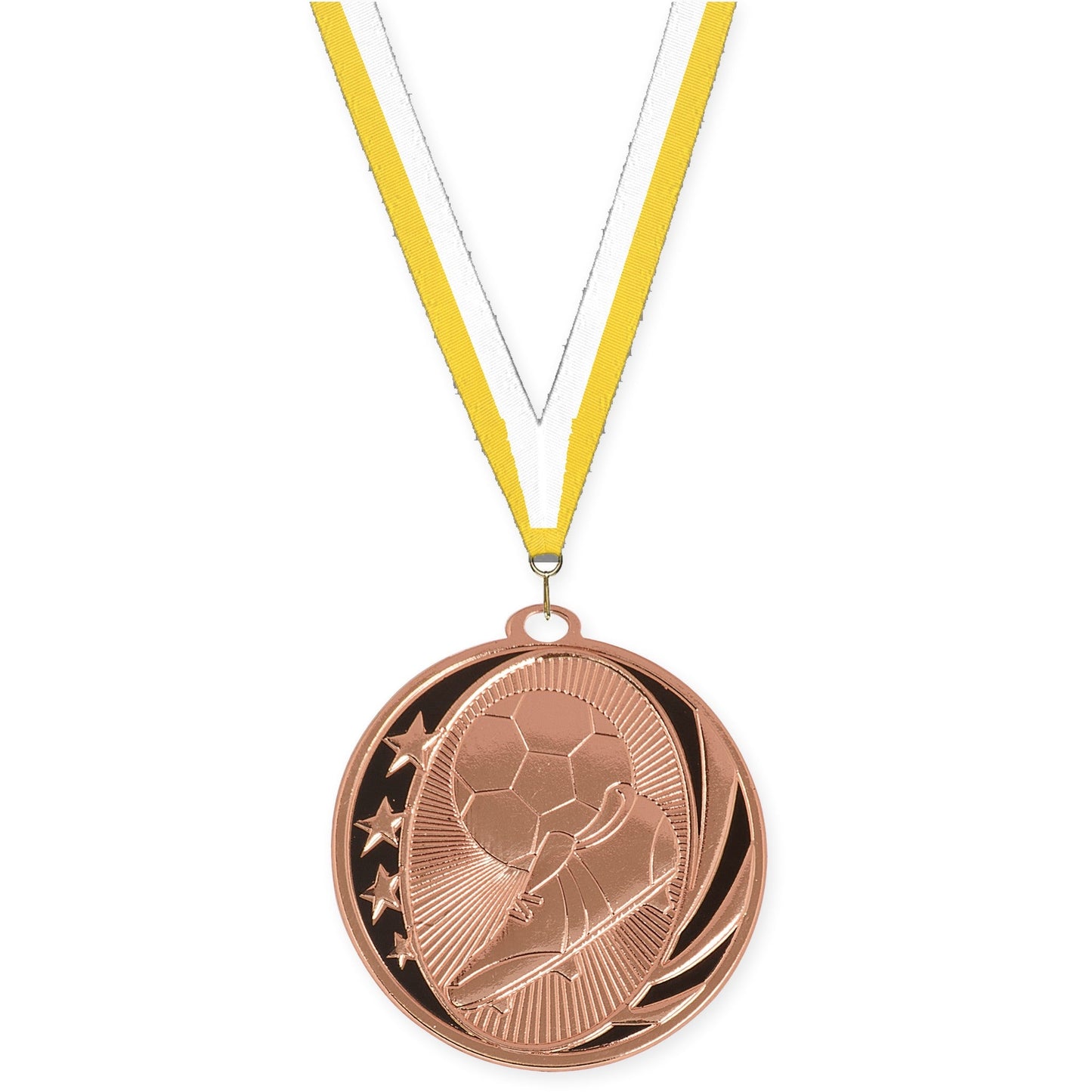 2 inch soccer MidNite Star medal in bright bronze with Yellow White neck ribbon