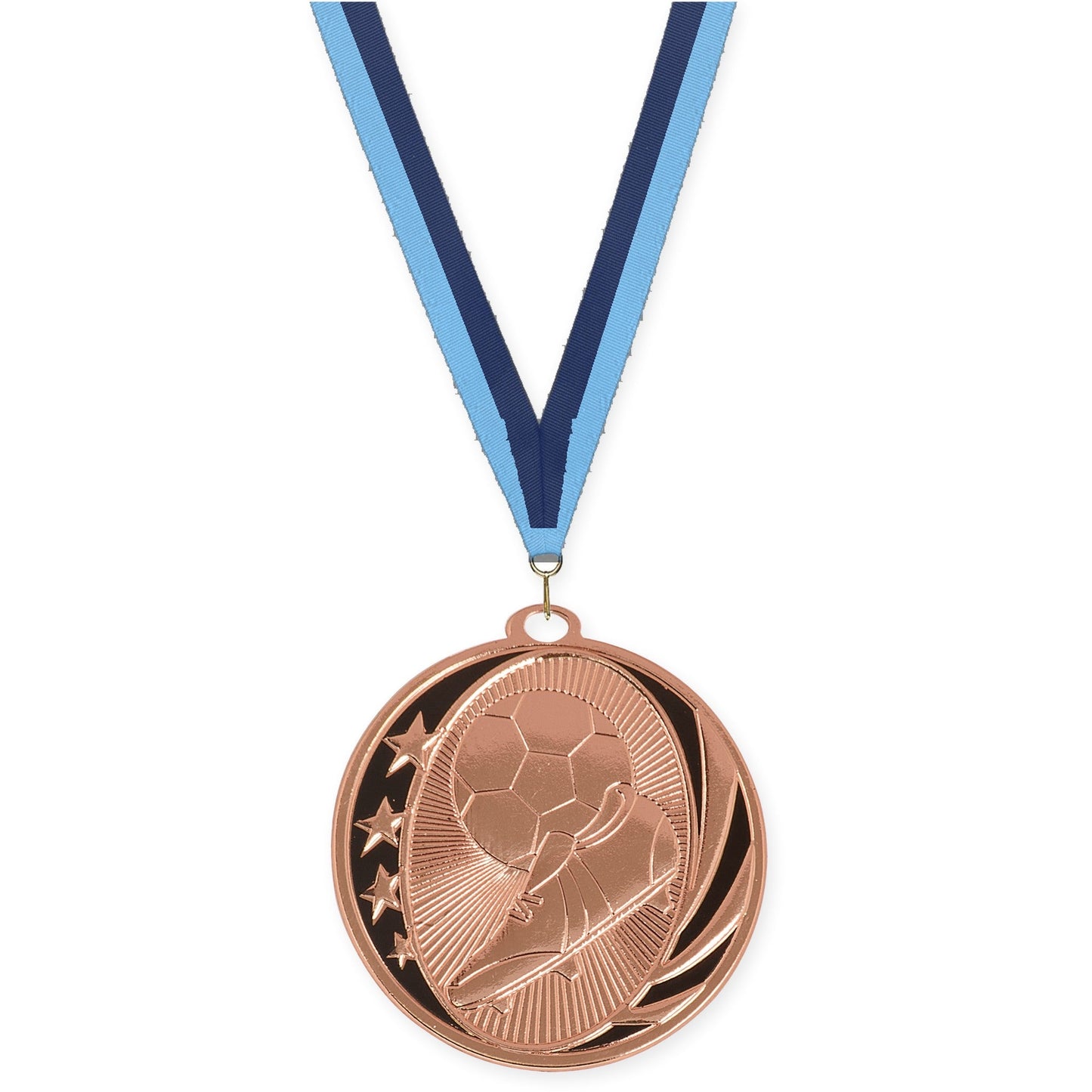 2 inch soccer MidNite Star medal in bright bronze with Light Blue Navy neck ribbon