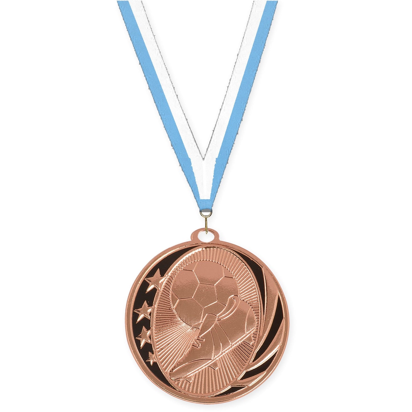 2 inch soccer MidNite Star medal in bright bronze with Light Blue White neck ribbon