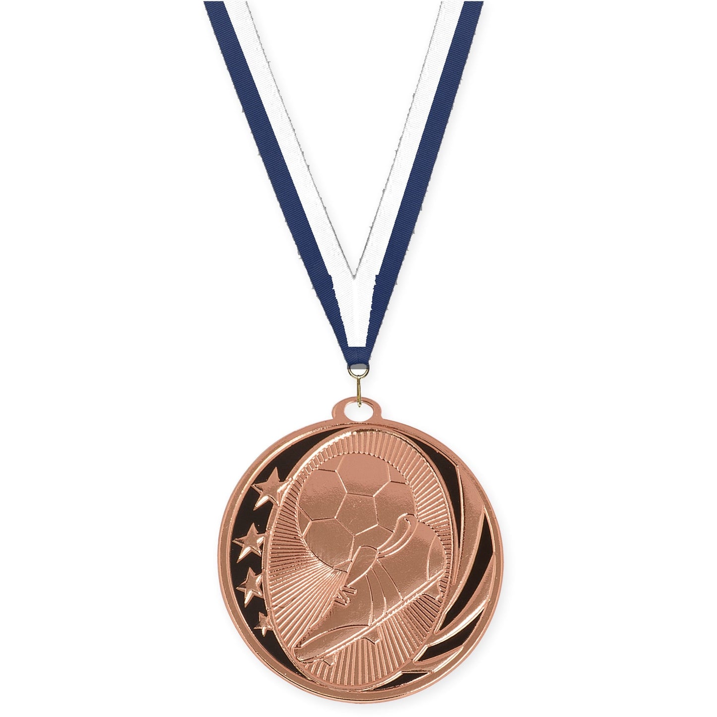 2 inch soccer MidNite Star medal in bright bronze with Navy White neck ribbon