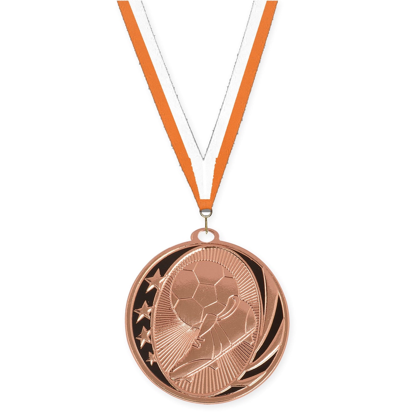 2 inch soccer MidNite Star medal in bright bronze with Orange White neck ribbon