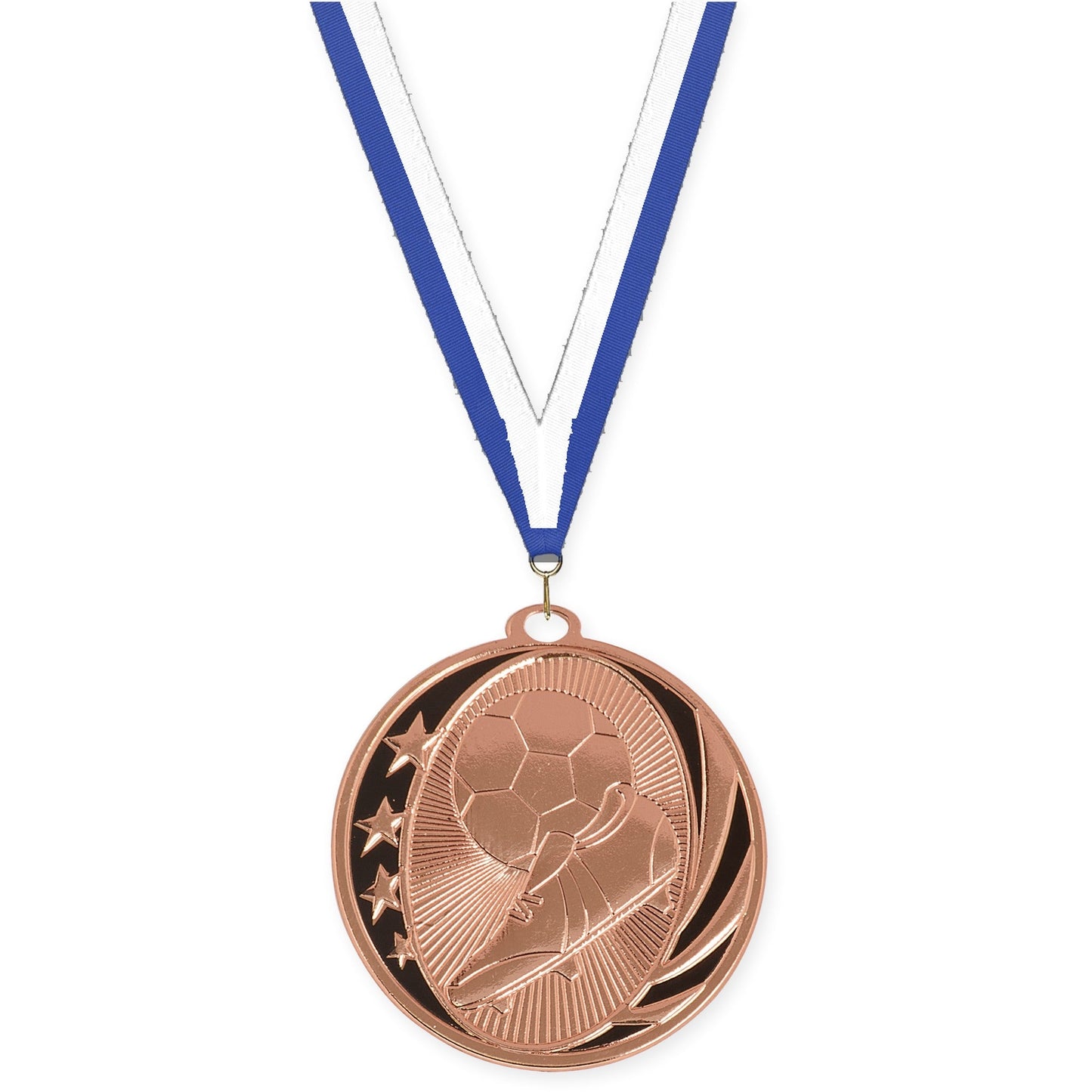 2 inch soccer MidNite Star medal in bright bronze with Blue White neck ribbon