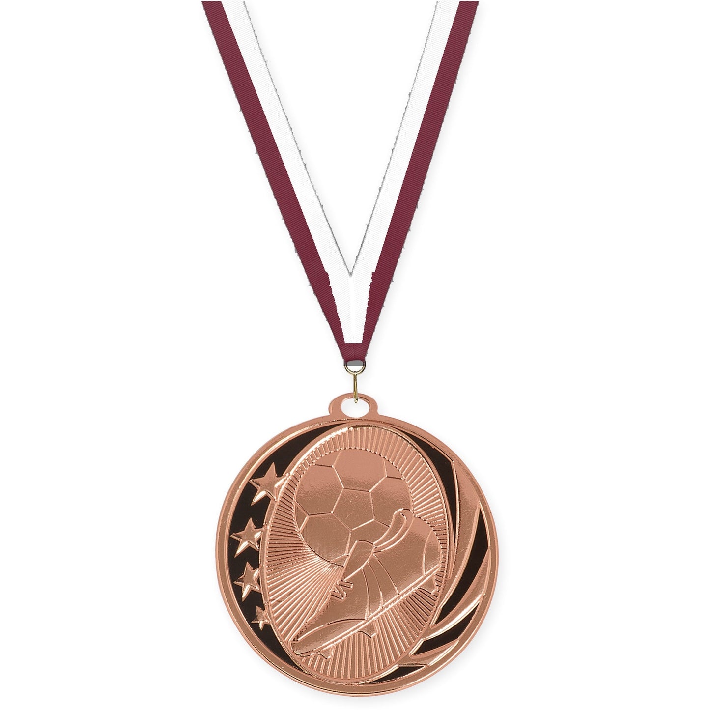 2 inch soccer MidNite Star medal in bright bronze with Maroon White neck ribbon