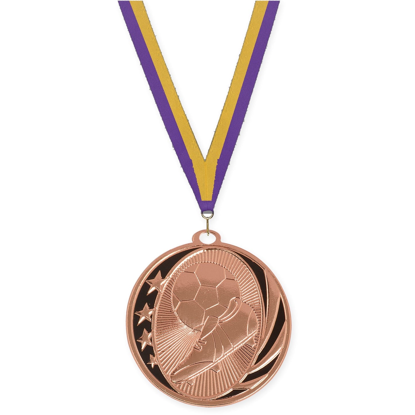 2 inch soccer MidNite Star medal in bright bronze with Purple Gold neck ribbon