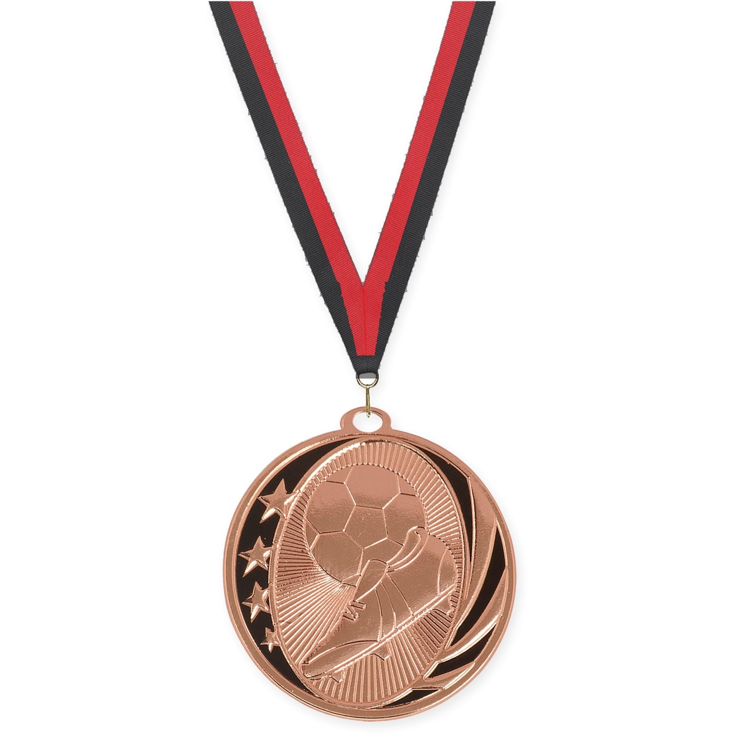 2 inch soccer MidNite Star medal in bright bronze with Black Red neck ribbon