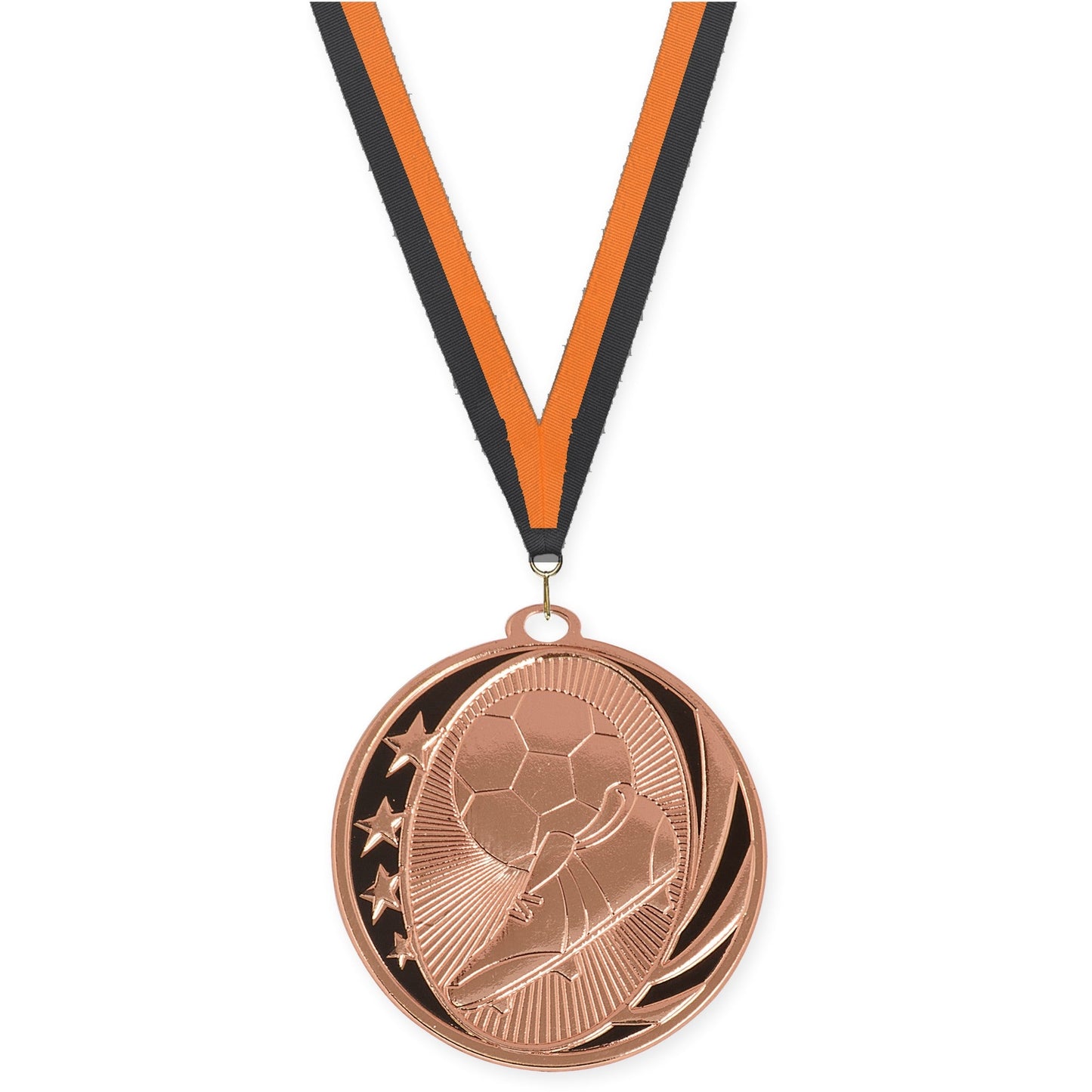 2 inch soccer MidNite Star medal in bright bronze with Black Orange neck ribbon