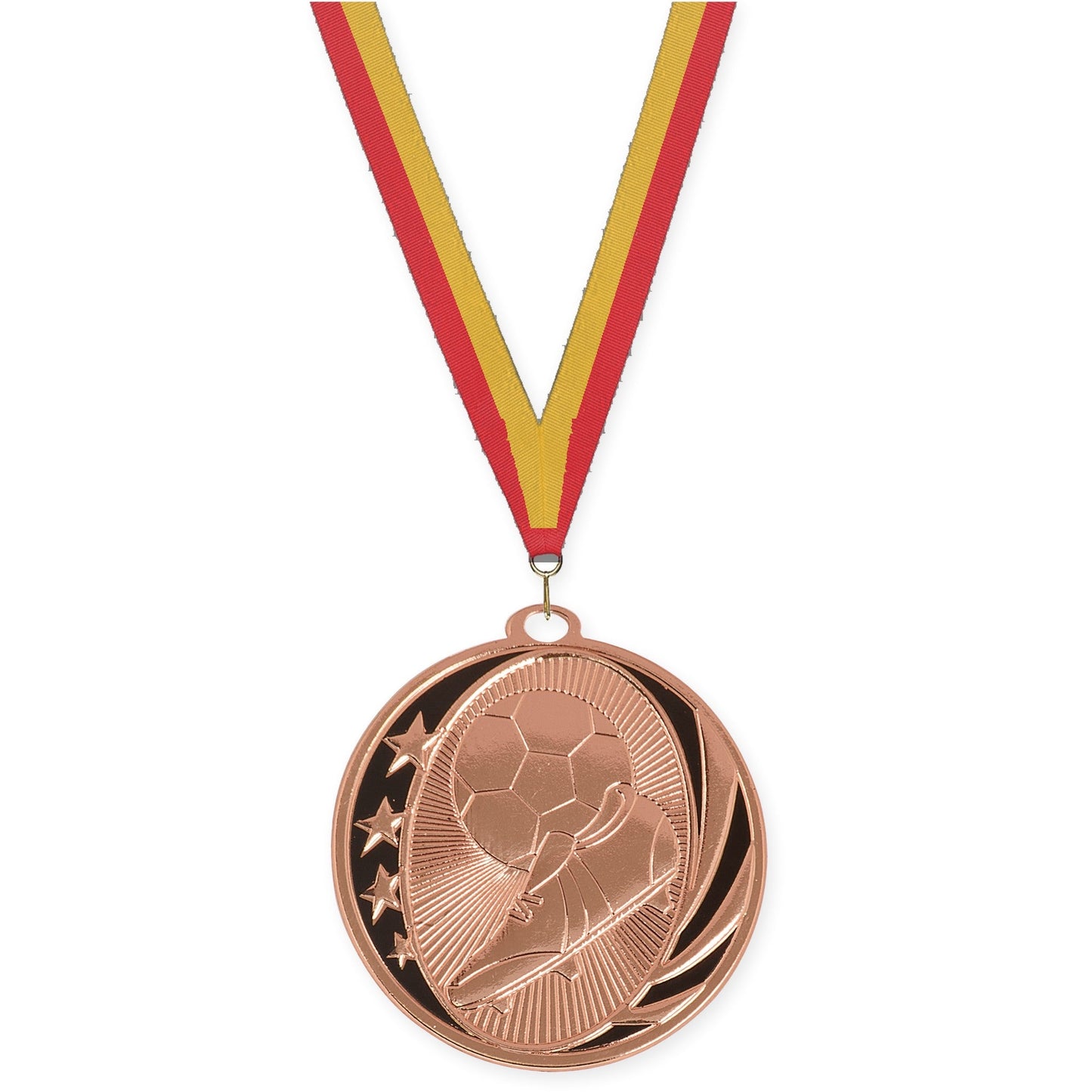 2 inch soccer MidNite Star medal in bright bronze with Red Gold neck ribbon