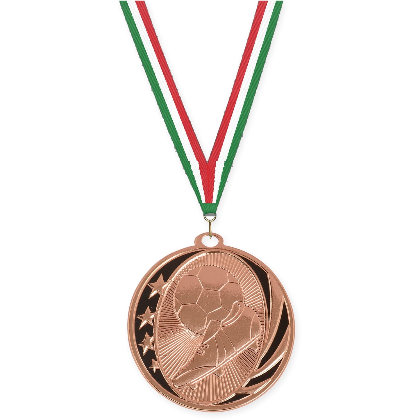 2 inch soccer MidNite Star medal in bright bronze with Green White Red neck ribbon