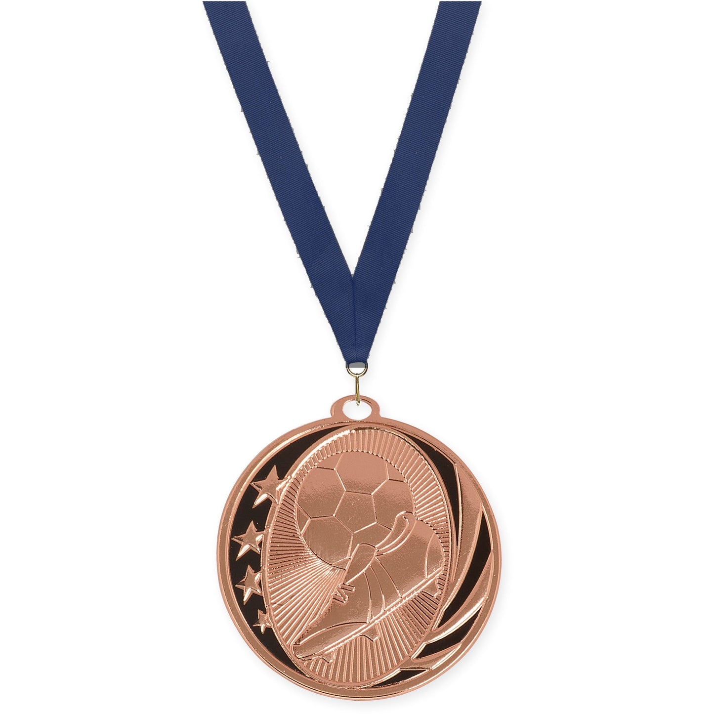 2 inch soccer MidNite Star medal in bright bronze with Navy neck ribbon