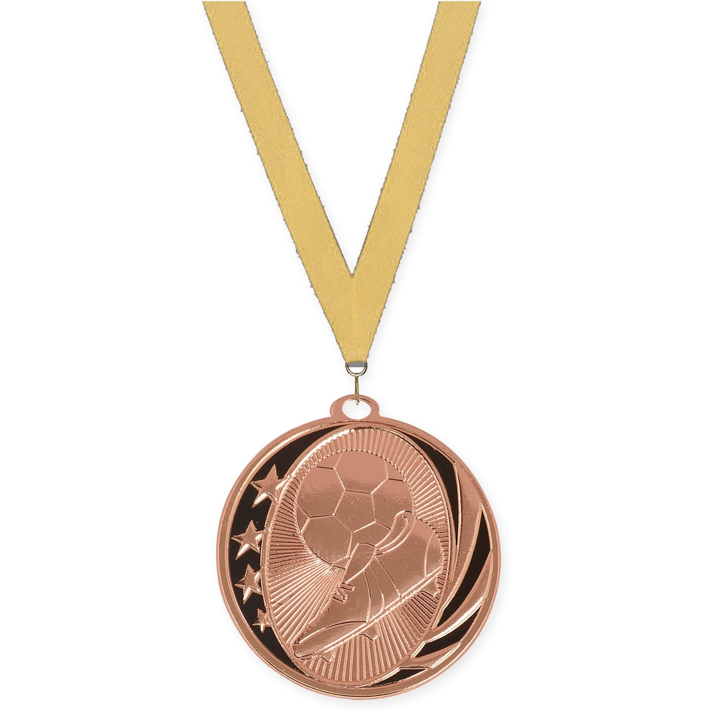 2 inch soccer MidNite Star medal in bright bronze with Gold Metallic neck ribbon